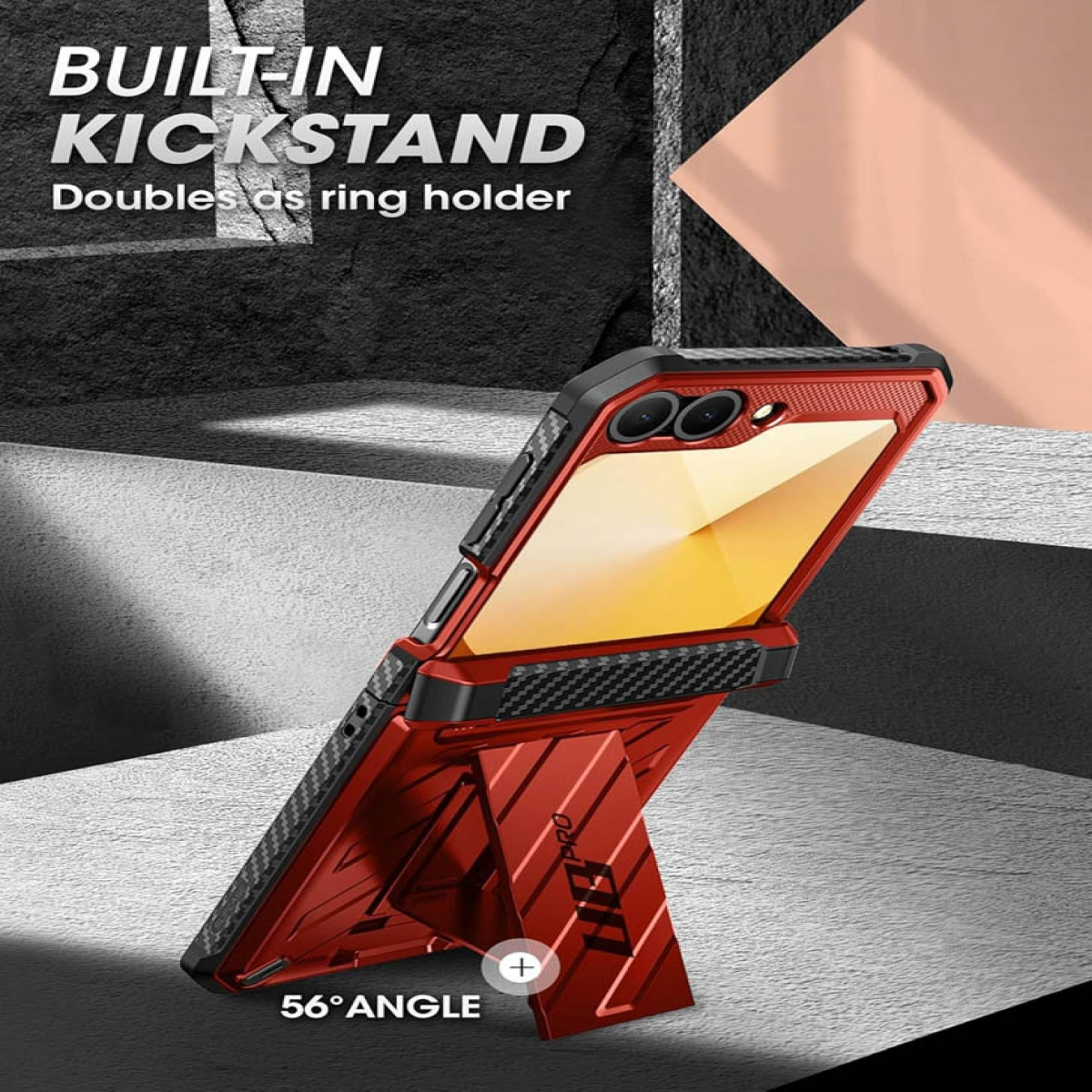 Rotes Handycover mit integriertem Ständer in 56-Grad-Winkel-Position.