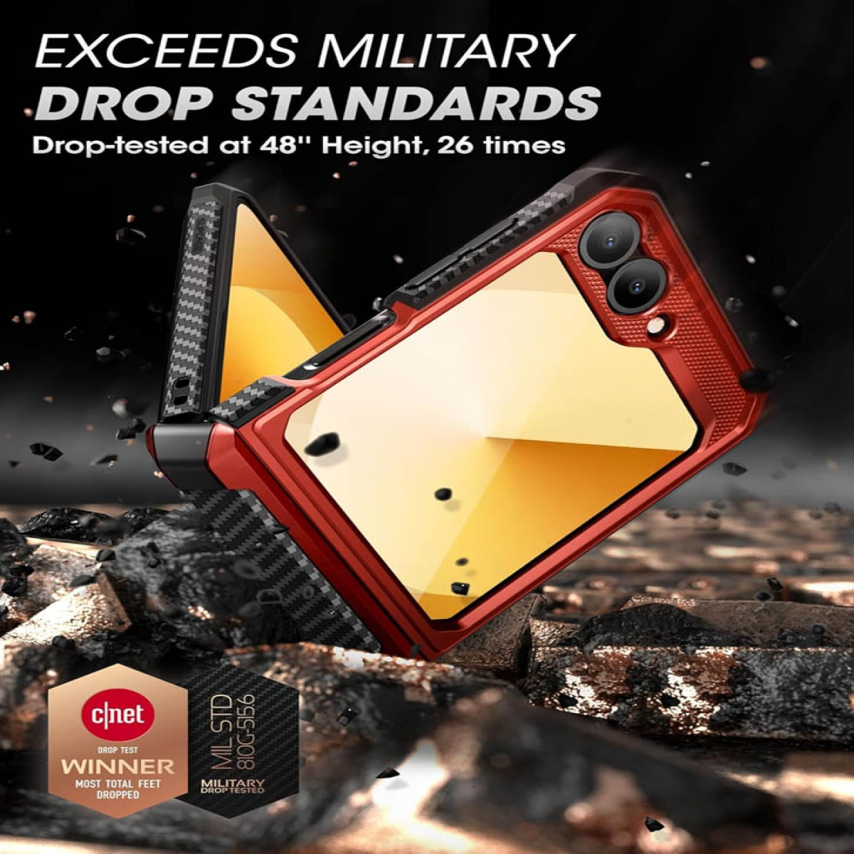 Ein rotes und schwarzes Handyhülle-Design, das militärische Fallstandards übertrifft.