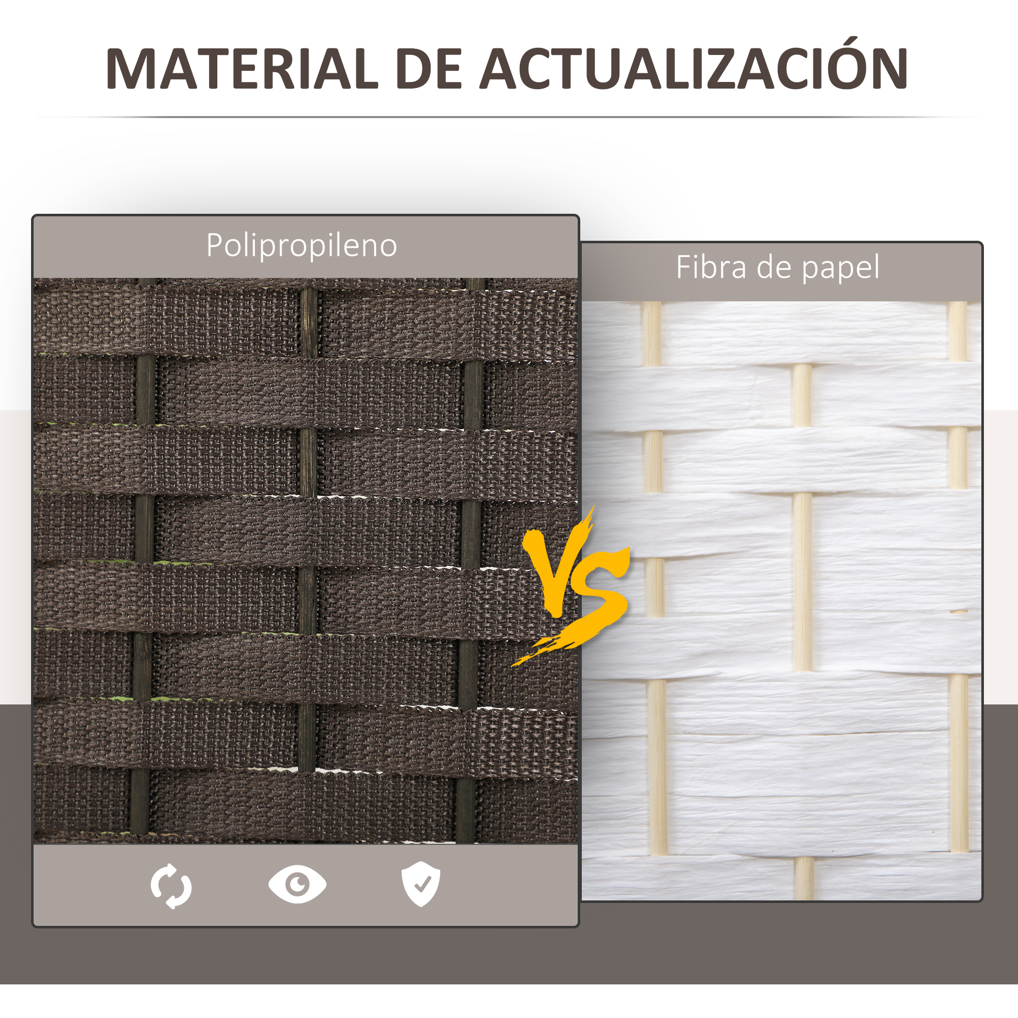 Comparación lado a lado de tejido de polipropileno marrón y tejido de fibra de papel.