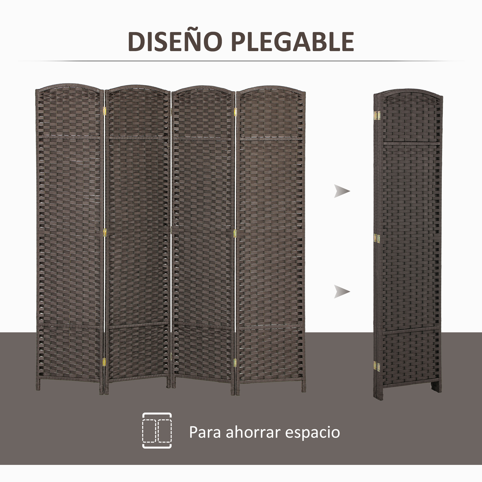 Un biombo marrón de cinco paneles, mostrado abierto y plegado.