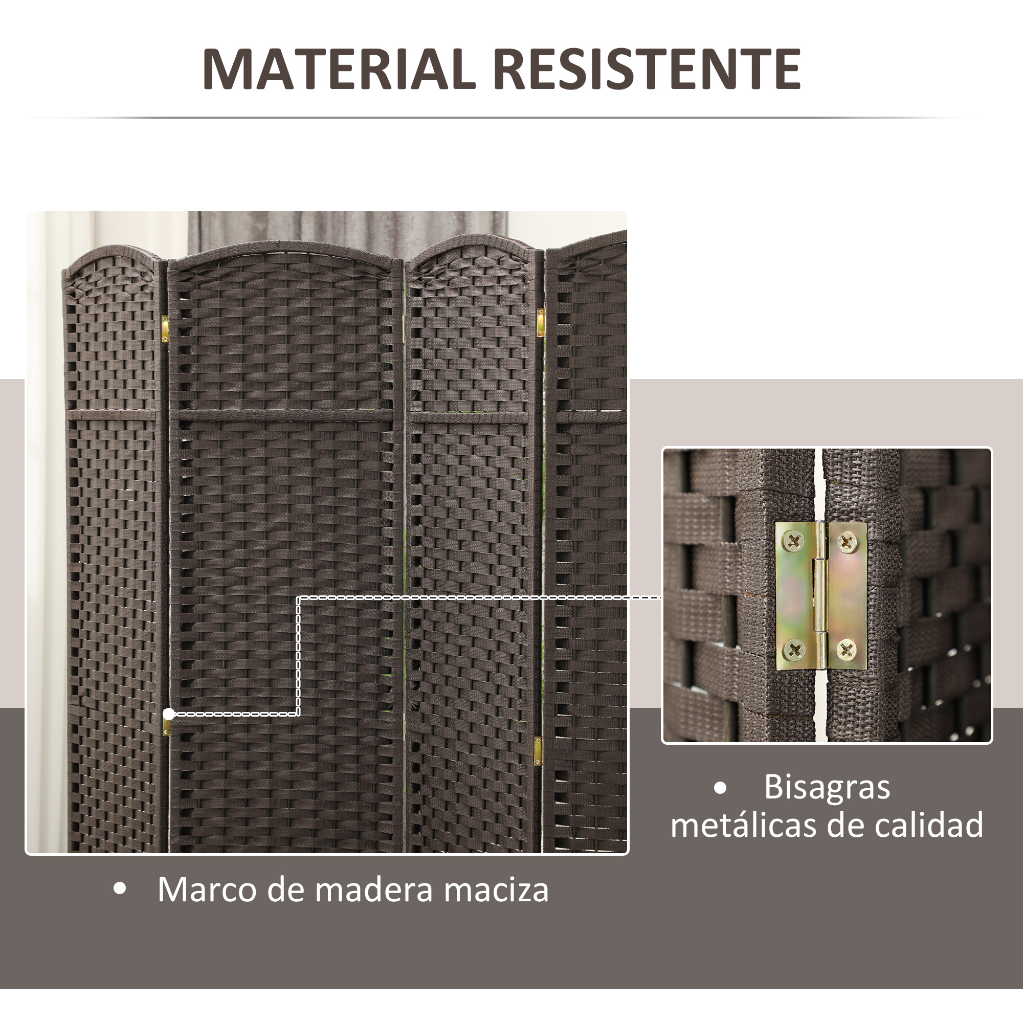Separador de ambientes marrón con marco de madera y bisagras metálicas.