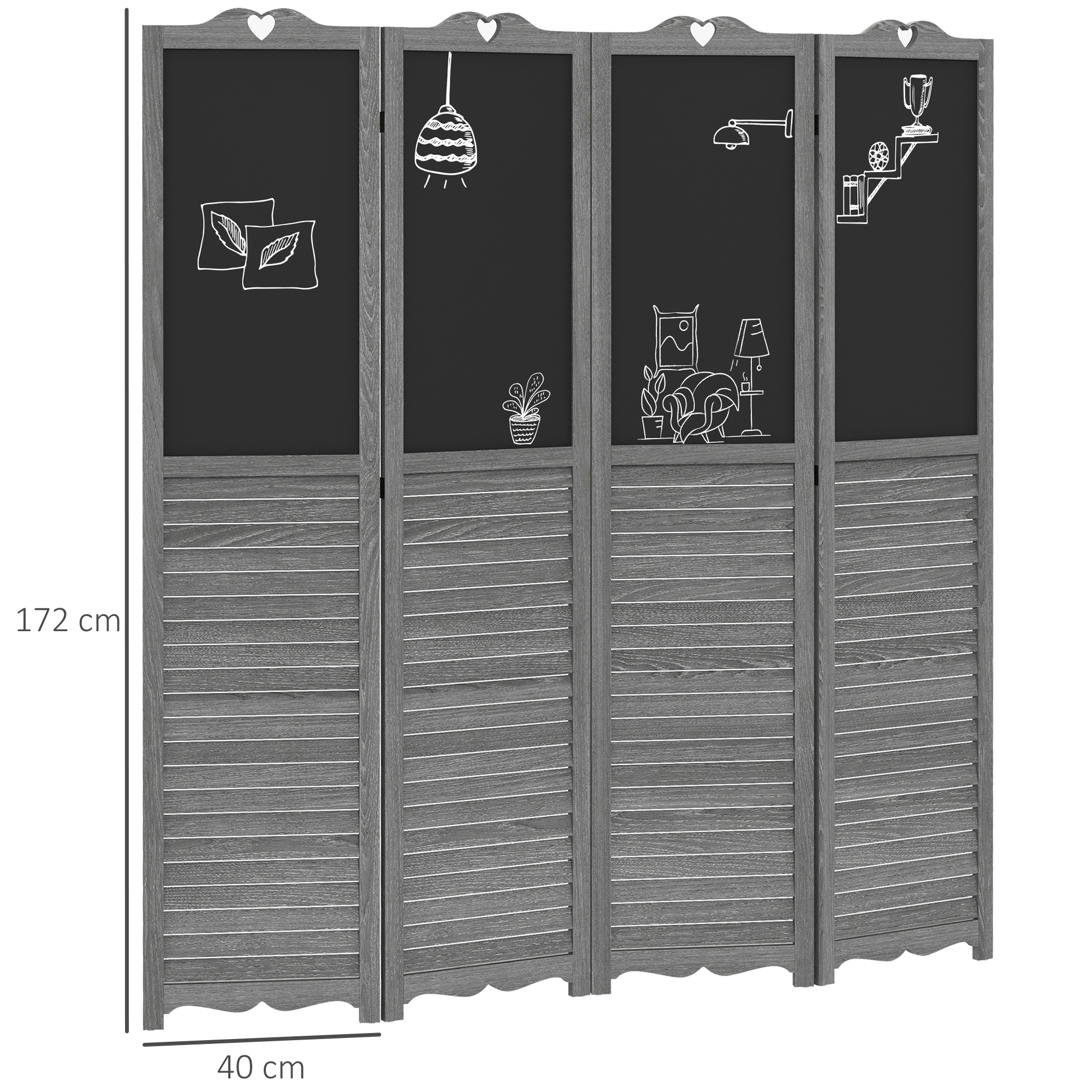 Divisor de ambientes gris de cuatro paneles adornado con dibujos blancos.