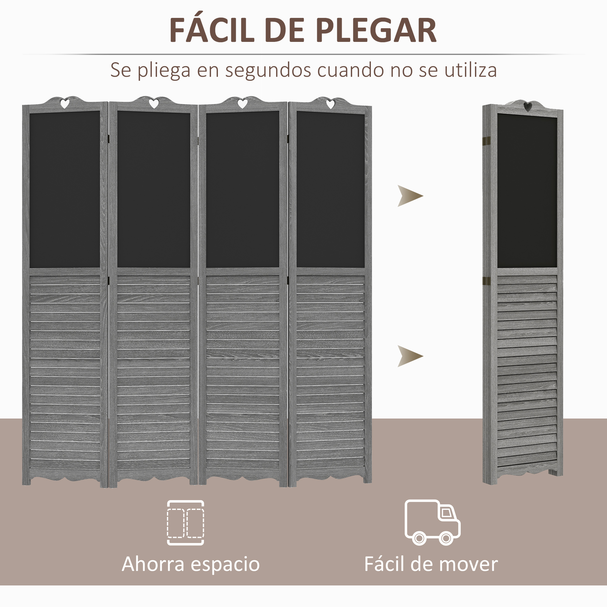 Divisor de ambiente gris plegable con corazones y lamas. Fácil de plegar y mover.