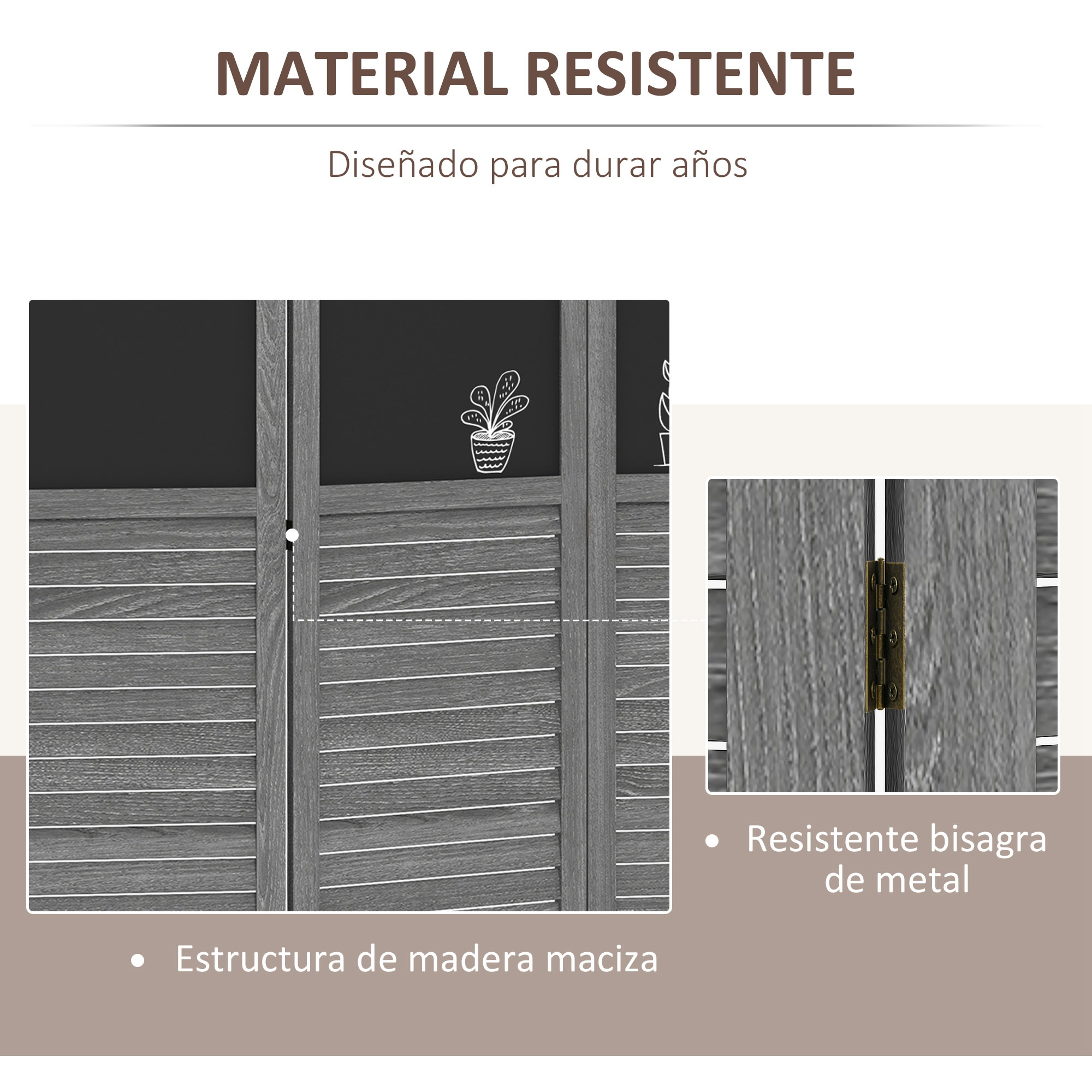 Divisor de habitación gris con veta de madera, bisagras metálicas y pizarras.