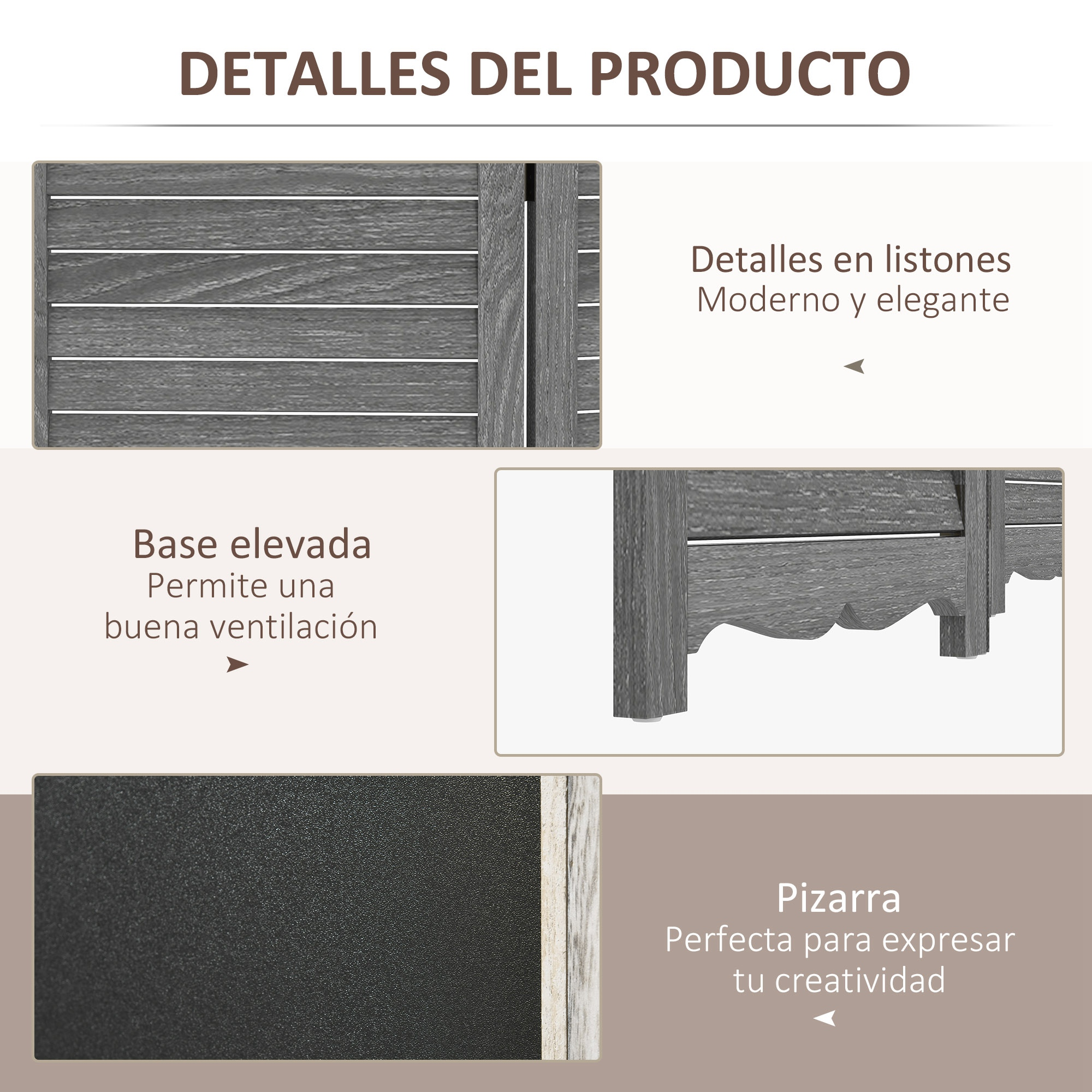 Detalles del producto: diseño de listones, base elevada para ventilación, pizarra.