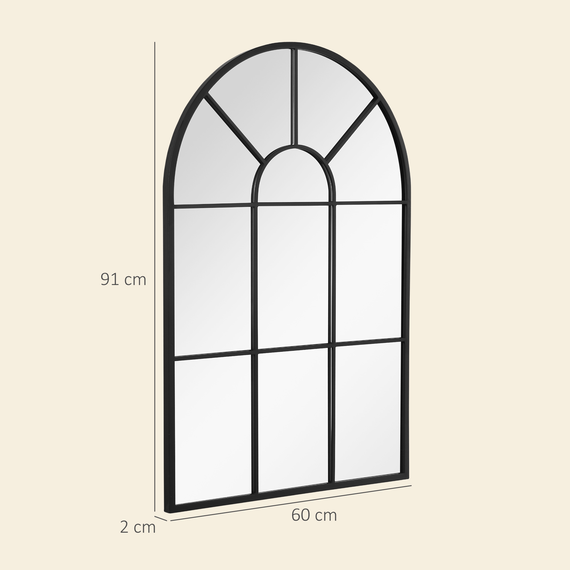 Un espejo de ventana arqueado negro, 91 cm de alto y 60 cm de ancho.