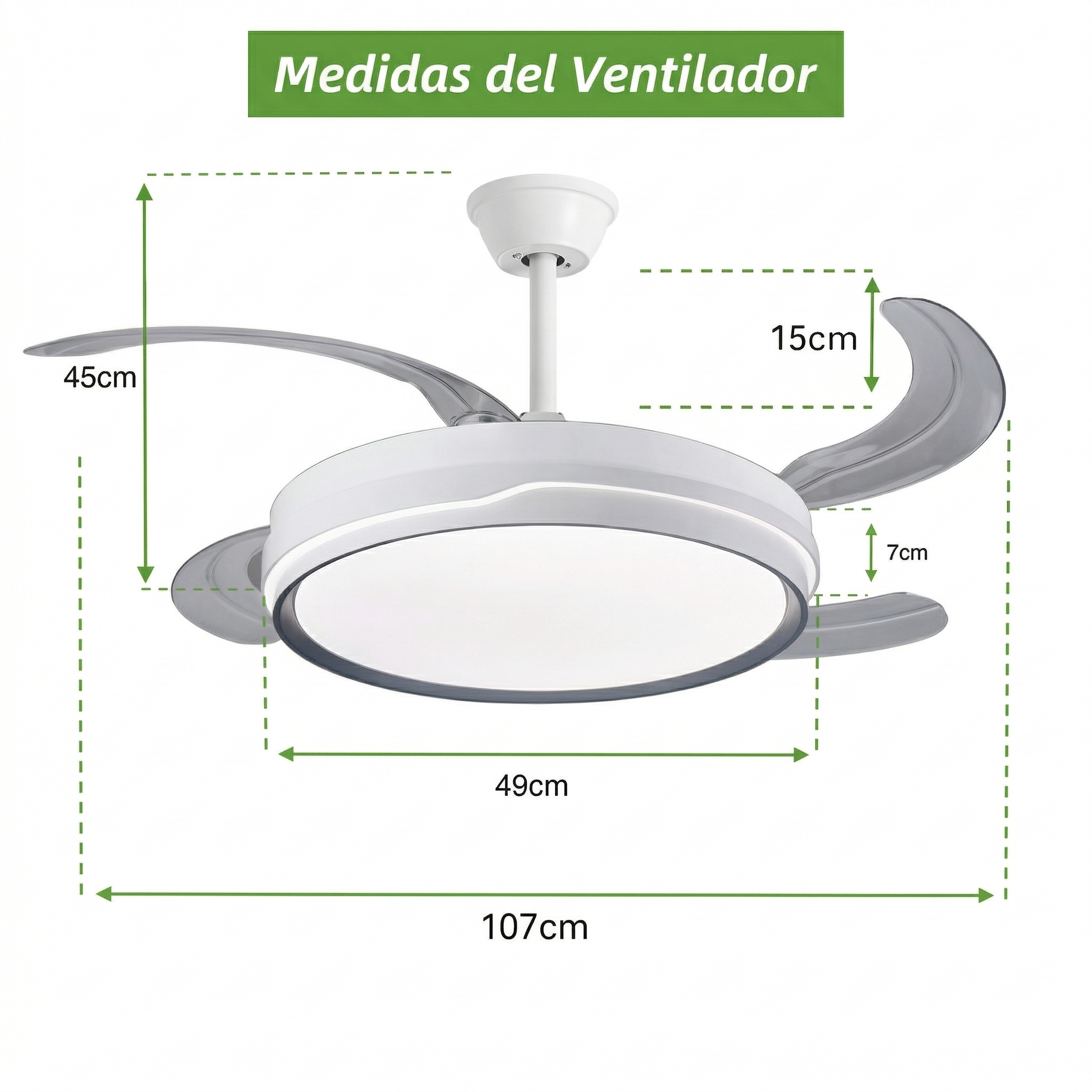 Ventilador de techo con luz, medidas: 45cm, 15cm, 7cm, 49cm, 107cm.