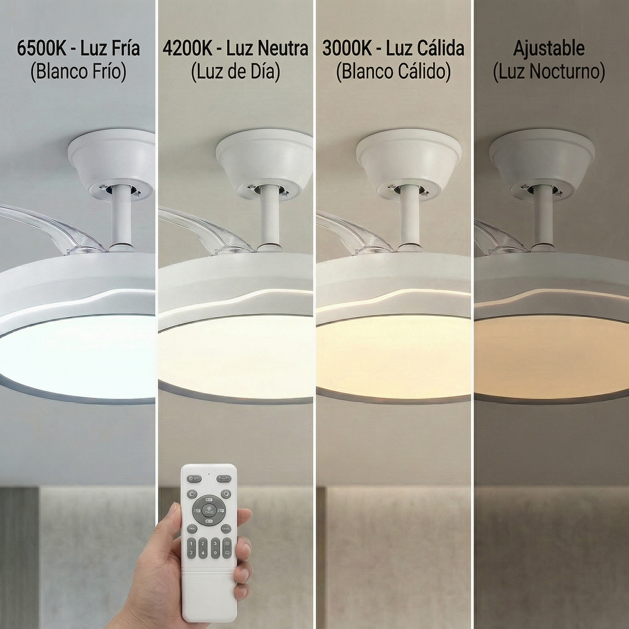 Ventilador de techo con luz en cuatro temperaturas de color: blanco frío, neutro, cálido, nocturno.