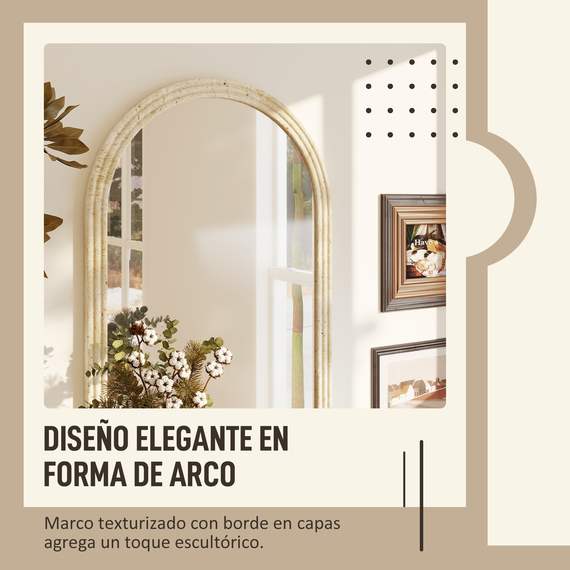 Un espejo arqueado con marco texturizado junto a una ventana con plantas.