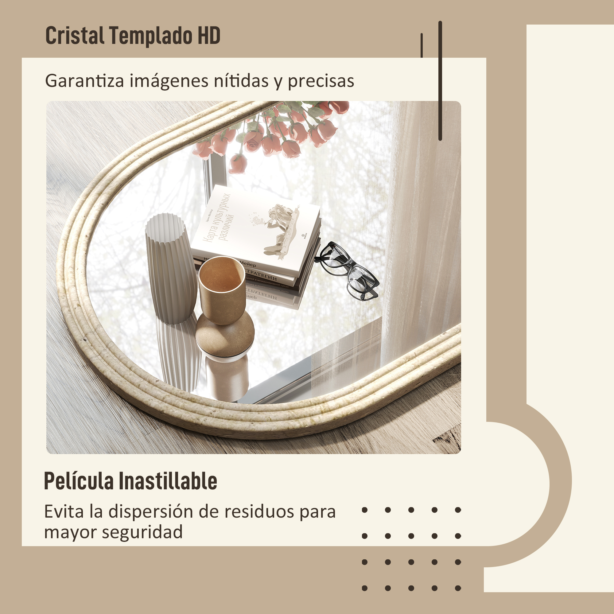 Un espejo con marco tejido muestra libros, jarrón, tazas y gafas.