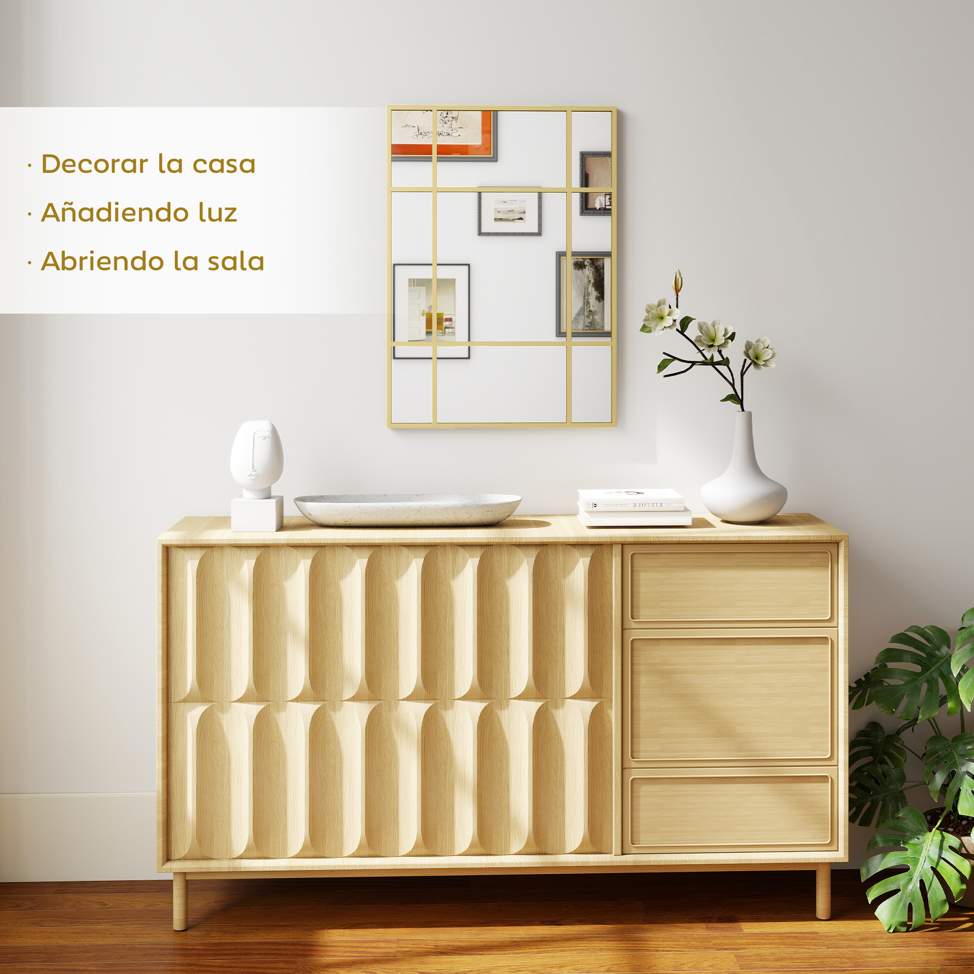 Una cómoda de madera con arte y jarrón. Decoración para el hogar.
