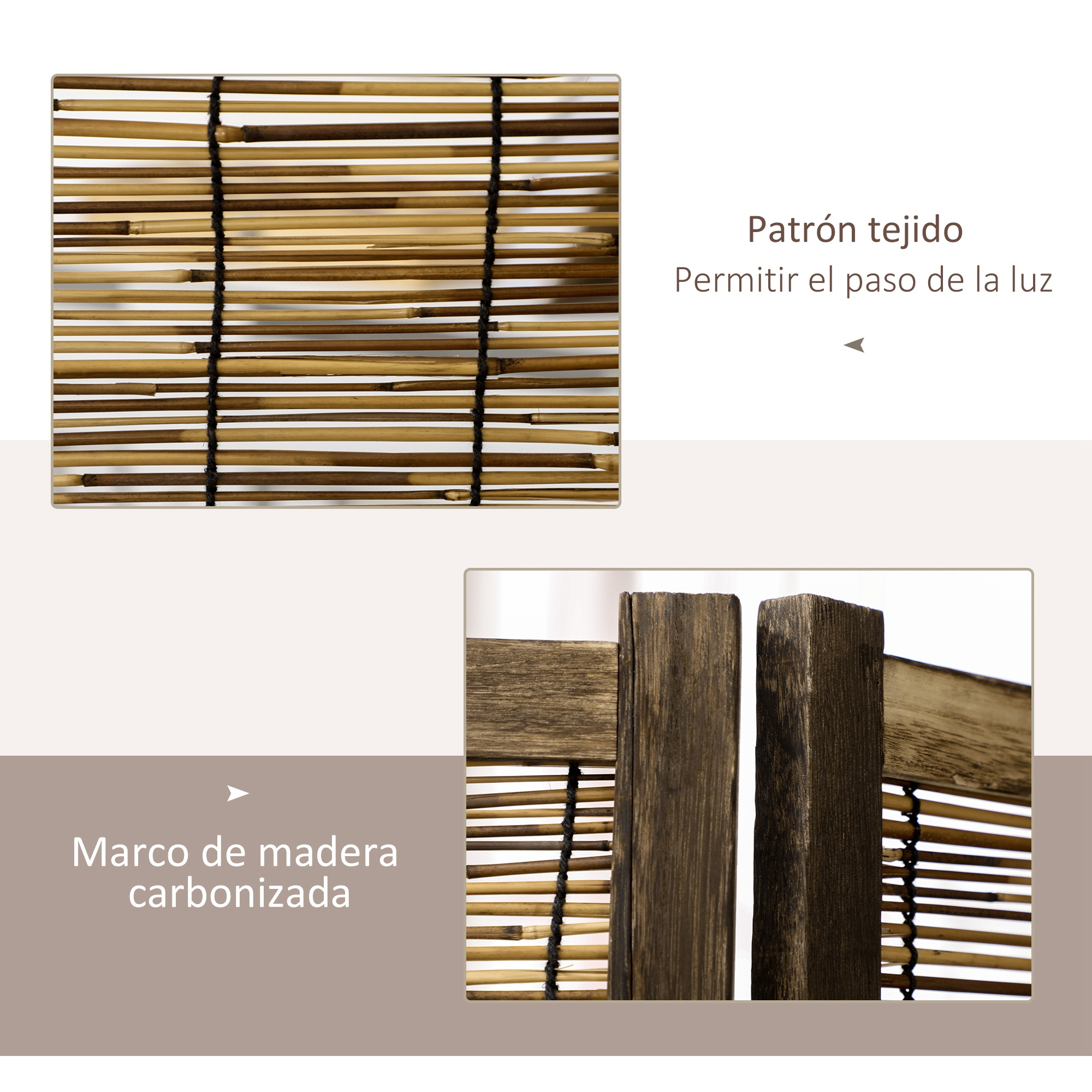 Primer plano de persianas de bambú con marco de madera. Tonos de madera claros y oscuros.