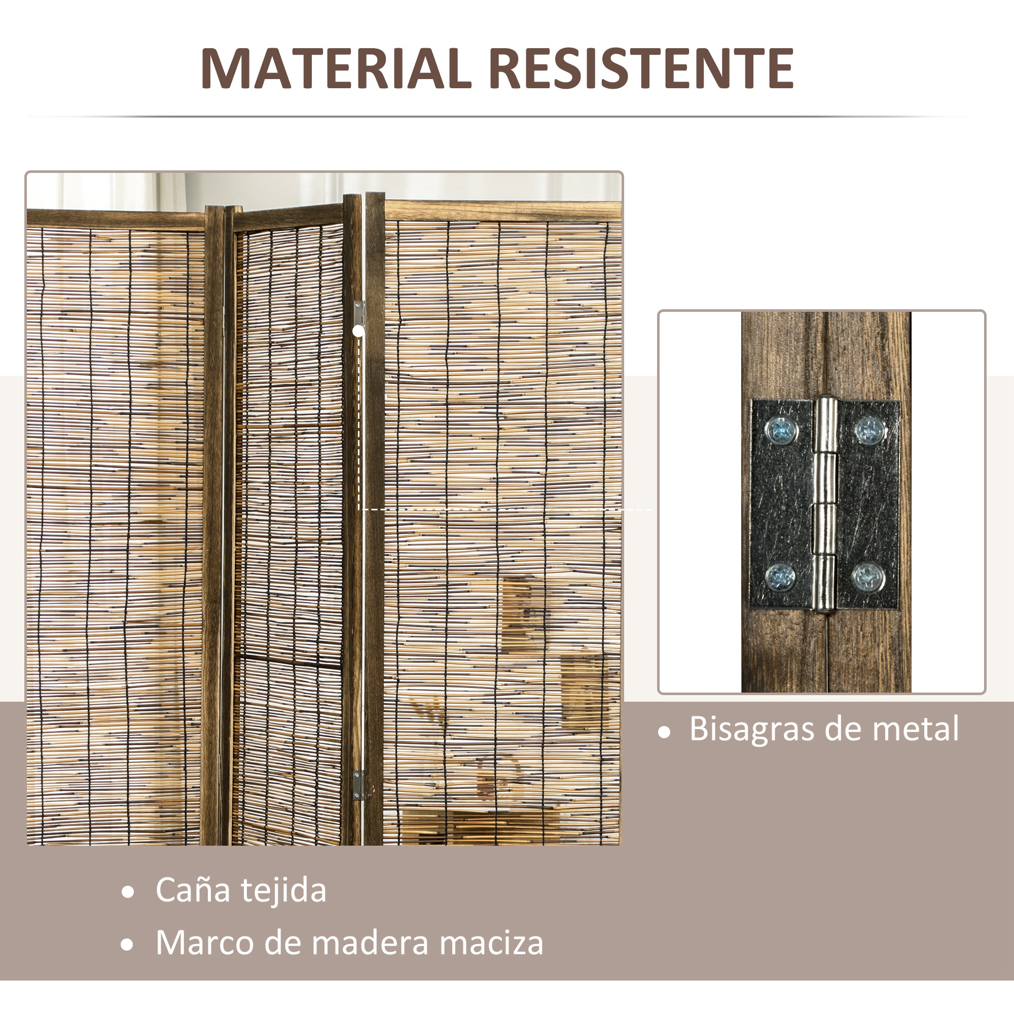 Un separador de ambientes de esterilla de bambú tejida con marco de madera y bisagras.