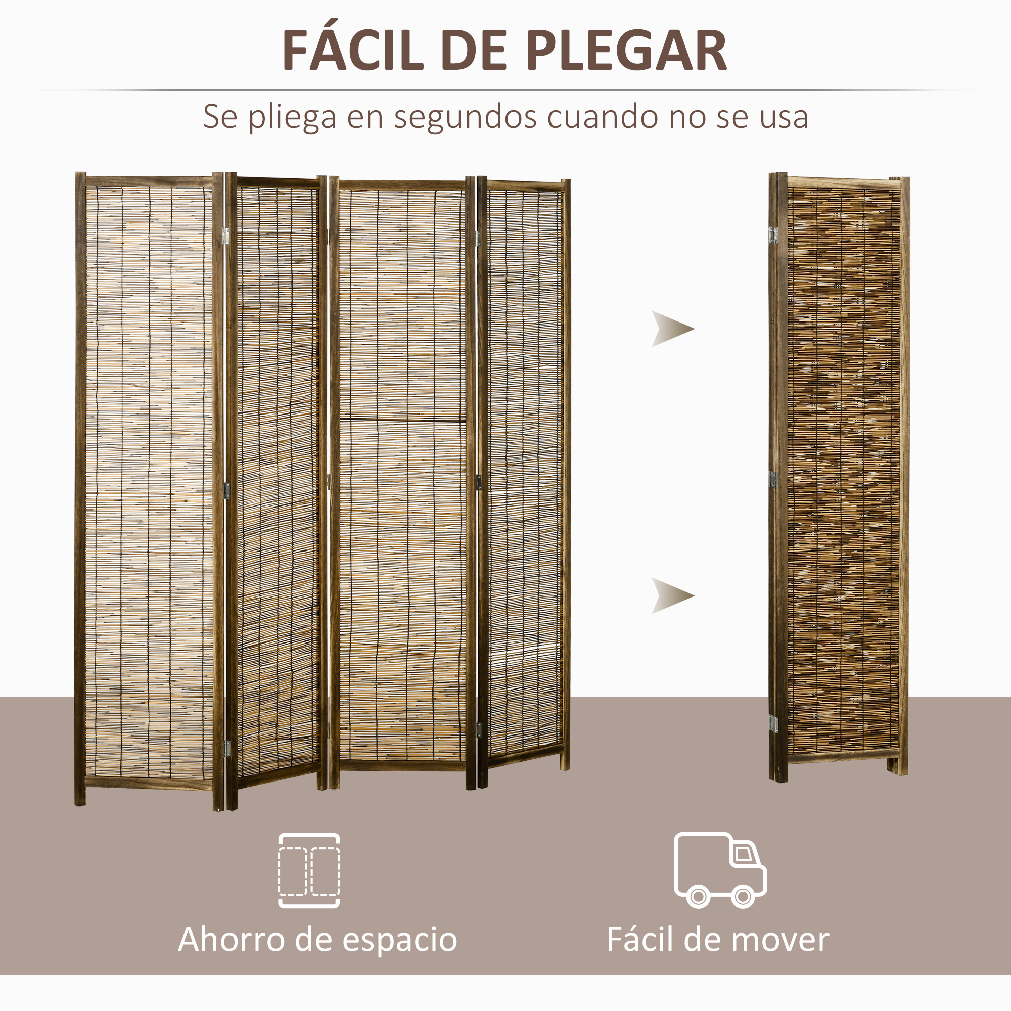 Divisor de ambiente de bambú marrón, plegable y portátil. Ahorra espacio y es fácil de mover.