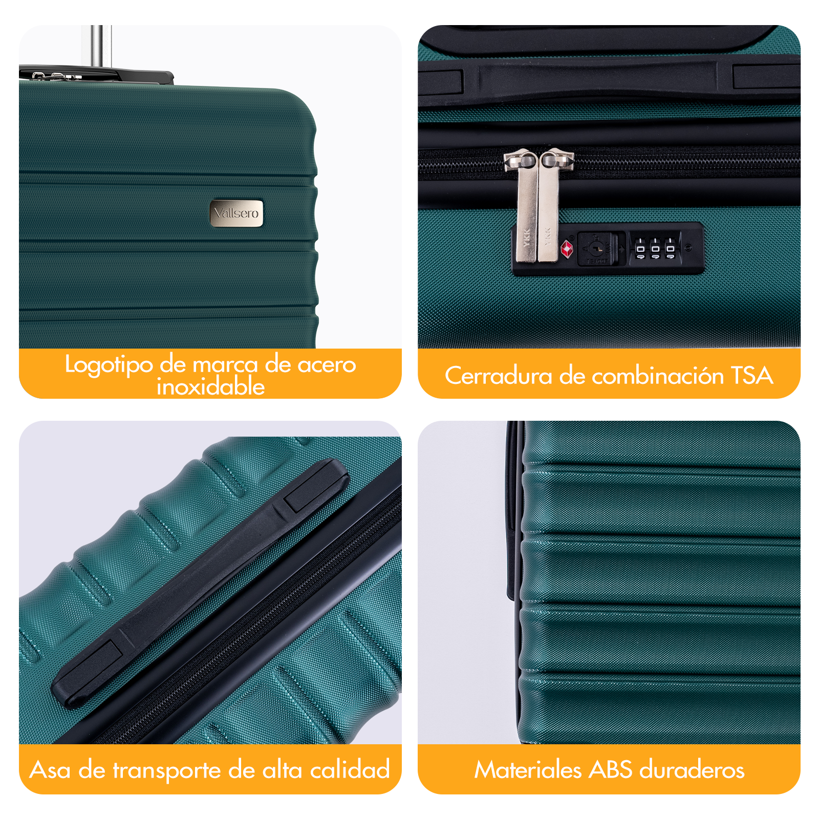 Maleta verde oscuro con cerradura TSA, logo y detalles.