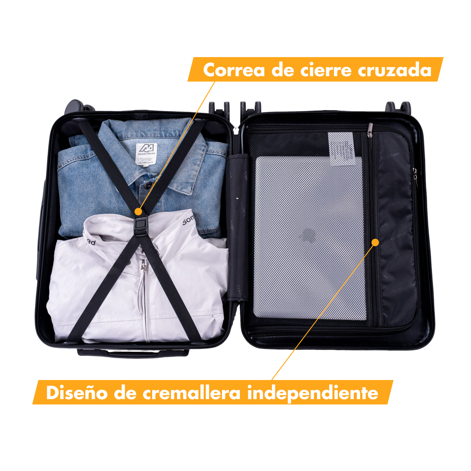 Maleta negra abierta con ropa y compartimento para portátil.