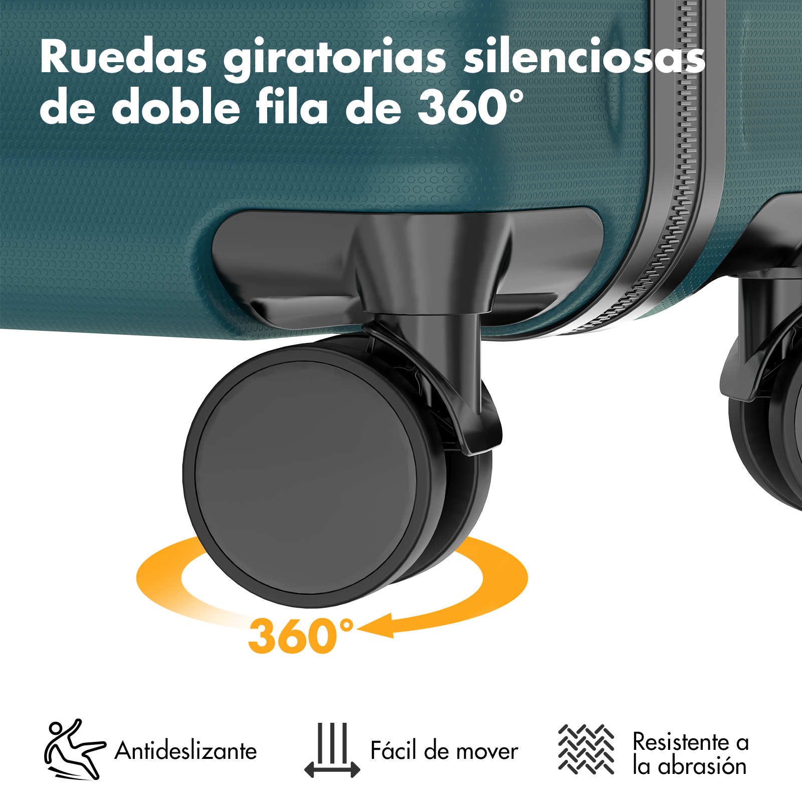 Maleta azul con ruedas dobles de 360°, antideslizante y fácil de mover.