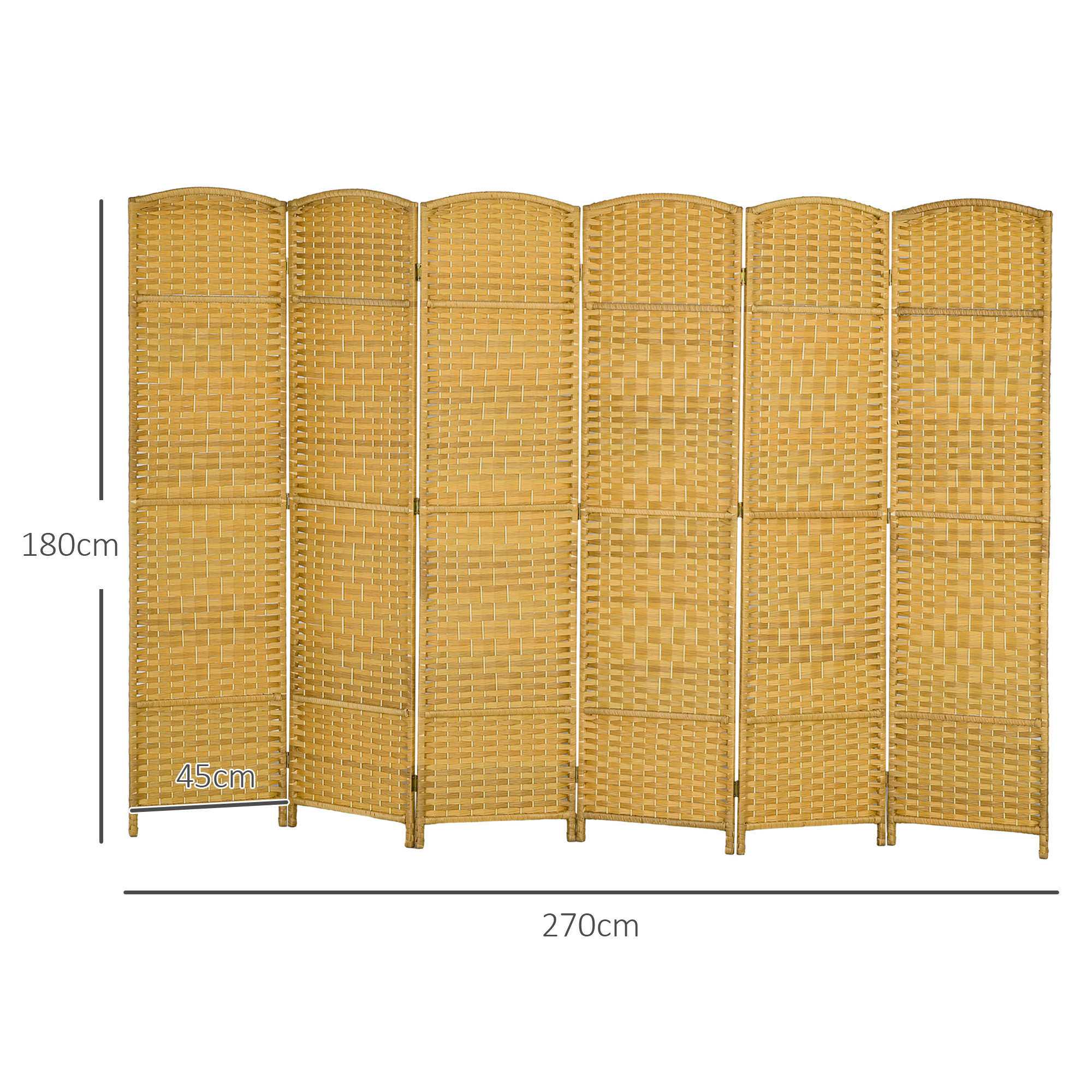 Divisor de ambiente marrón de mimbre, 180 cm de alto y 270 cm de ancho.