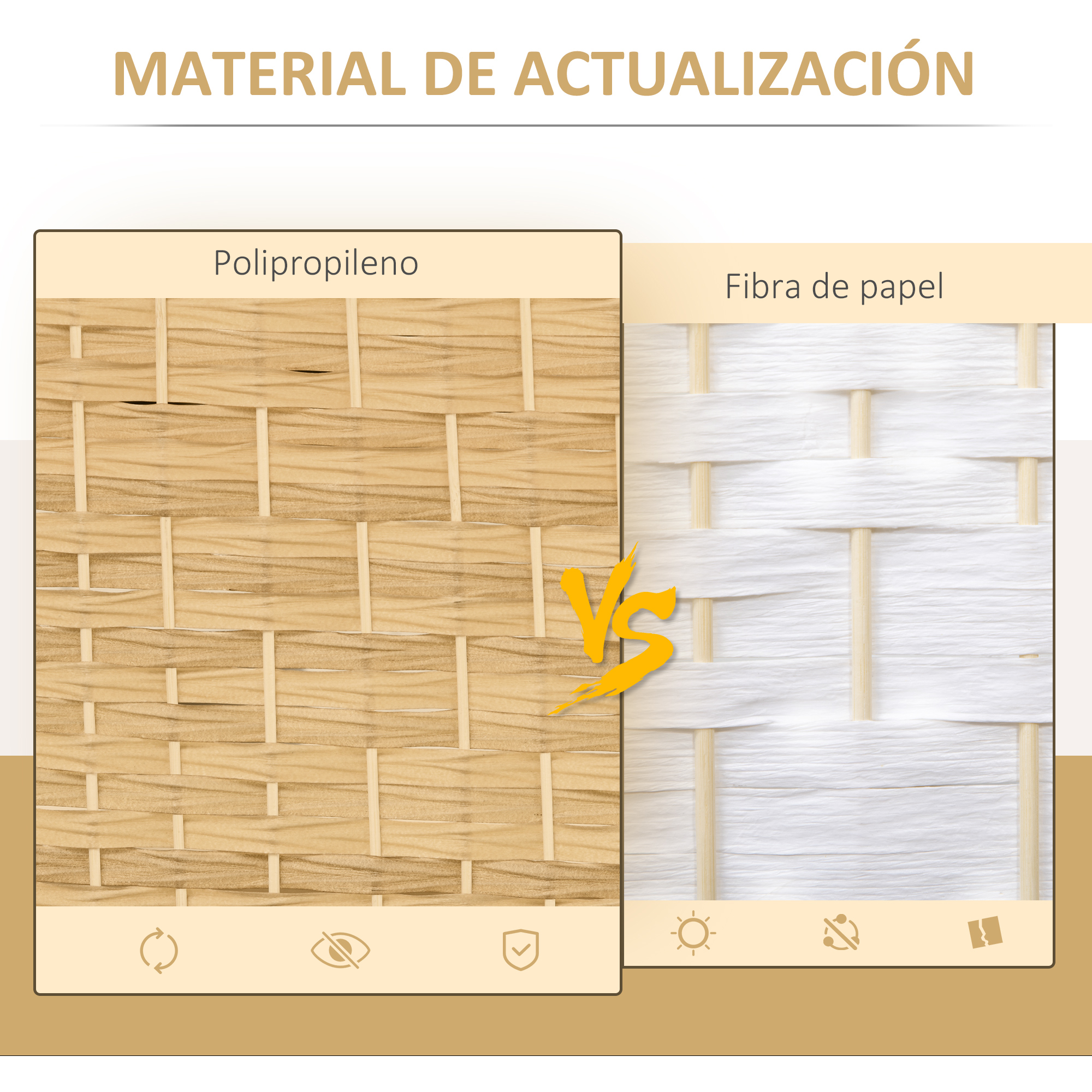 Comparación de materiales de PP y fibra de papel, ambos con elementos de madera.