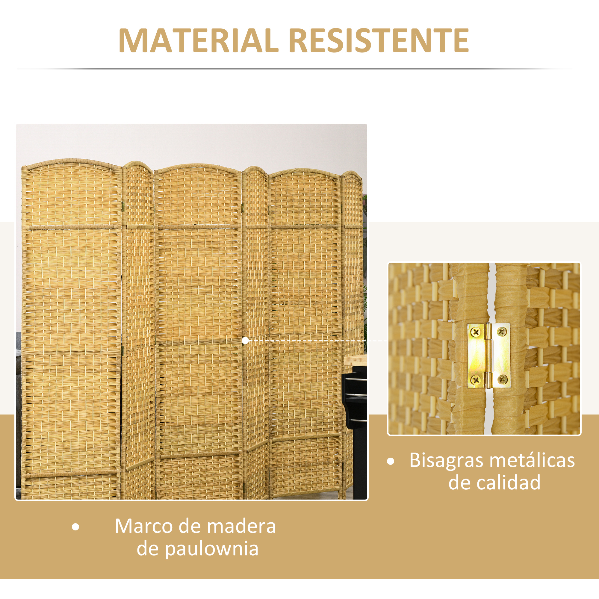 Divisor de ambientes de mimbre marrón con marco de madera y bisagras metálicas.