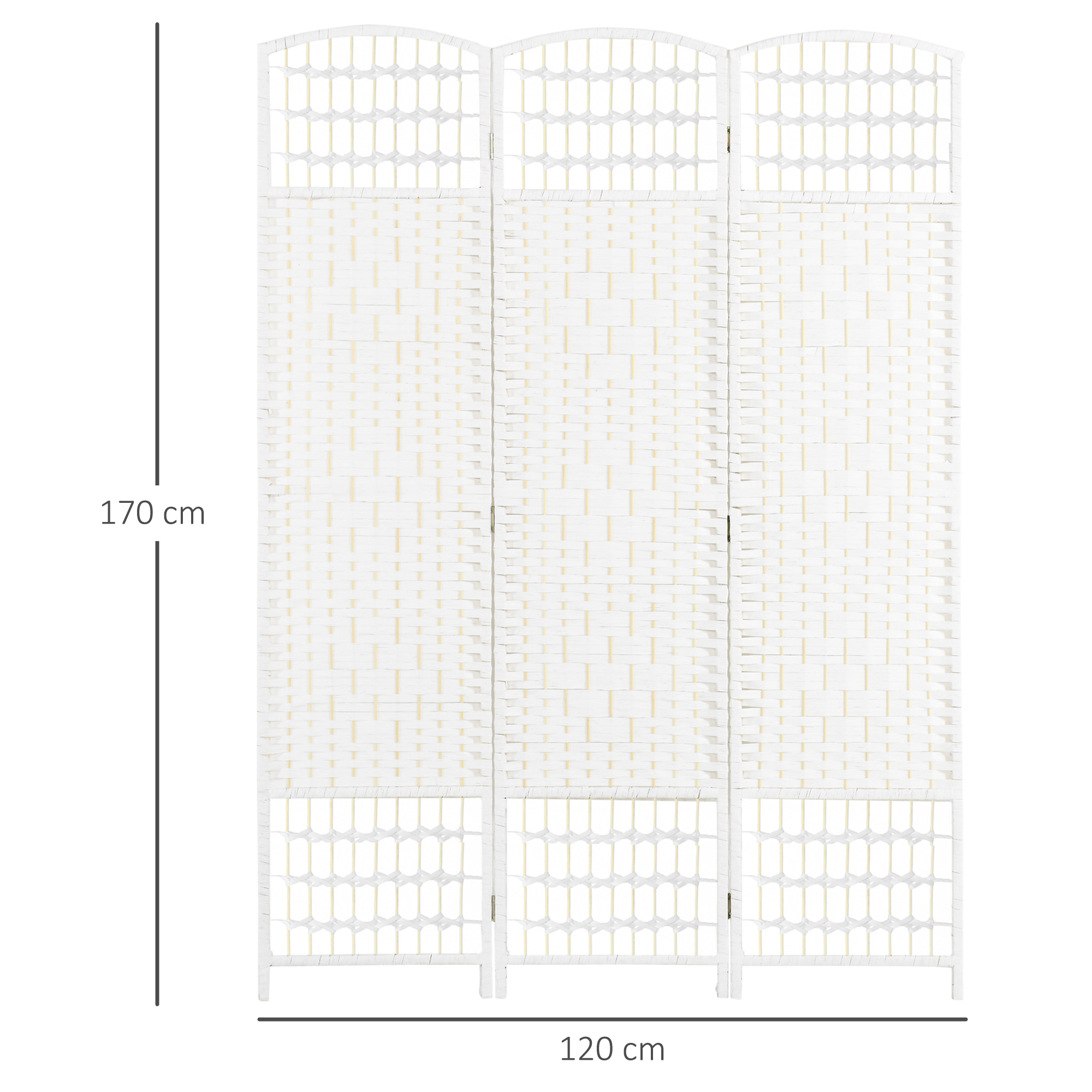 Un separador de ambientes blanco de tres paneles de ratán tejido, 170 cm de alto y 120 cm de ancho.