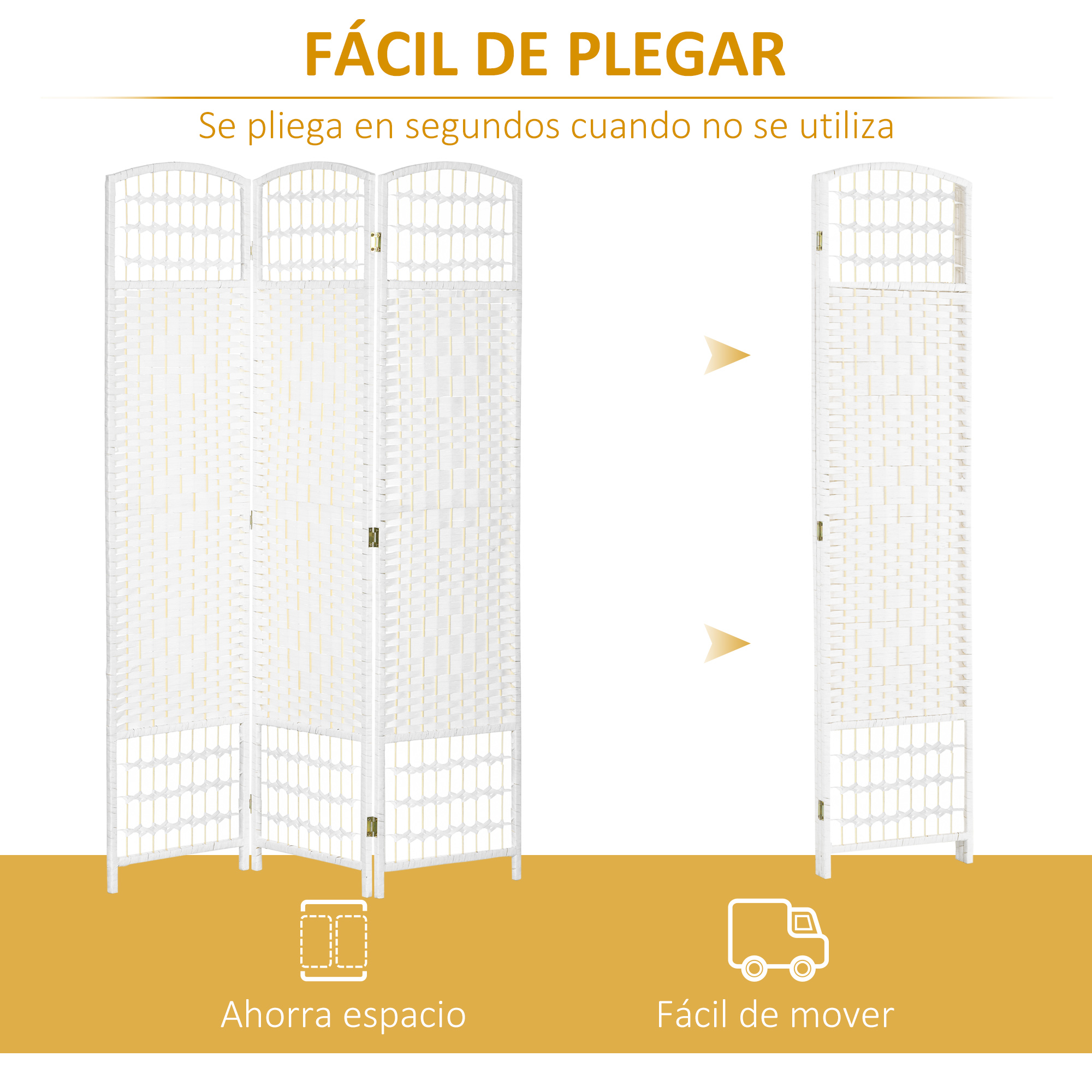 Se muestra un separador de ambientes blanco plegable, que ahorra espacio.