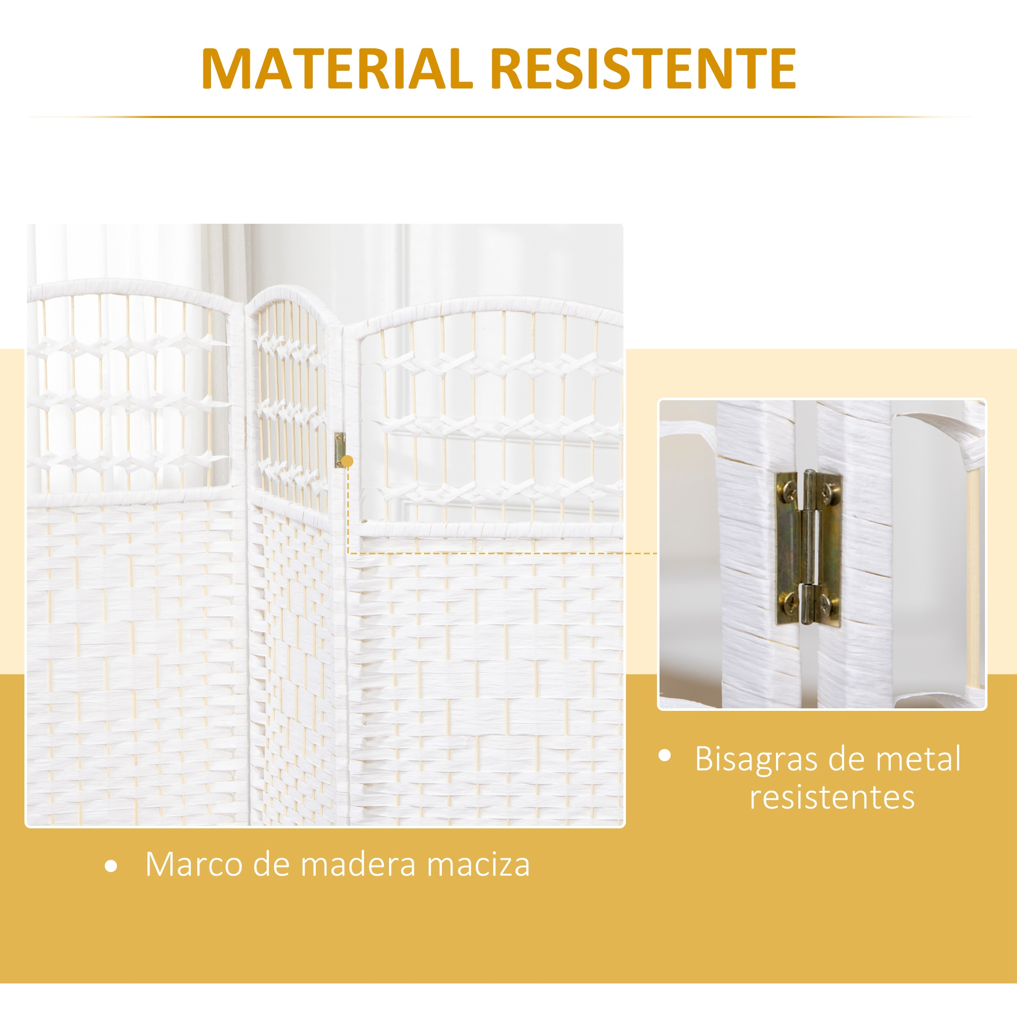 Divisor de espacios blanco tejido con marco de madera maciza y bisagras metálicas.