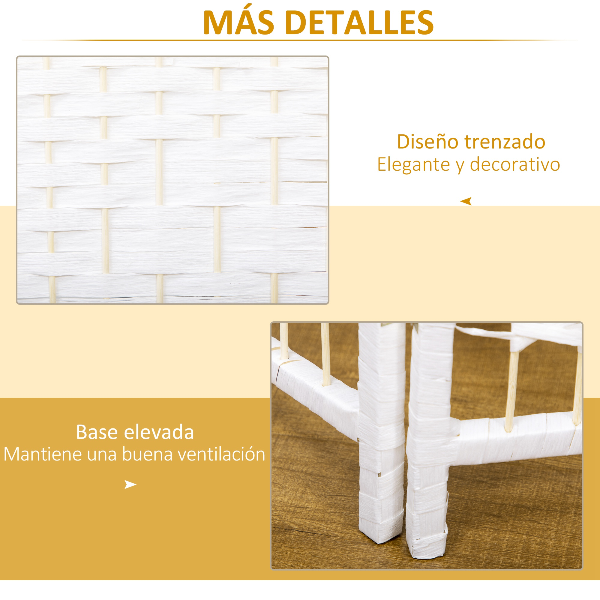 Primer plano de un separador blanco con textura tejida y patas elevadas.