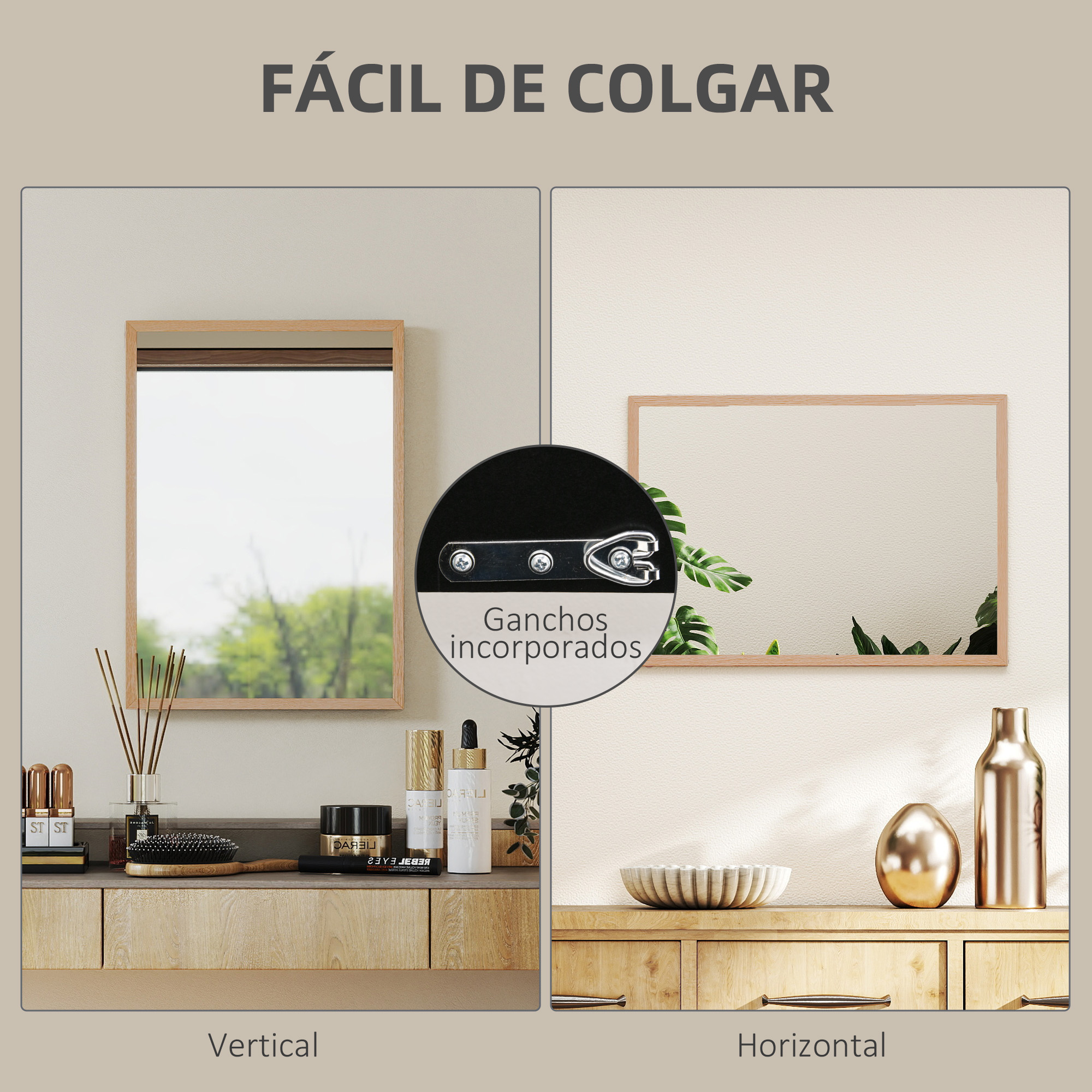 Dos configuraciones de espejo: vertical con cosméticos y horizontal con decoración.