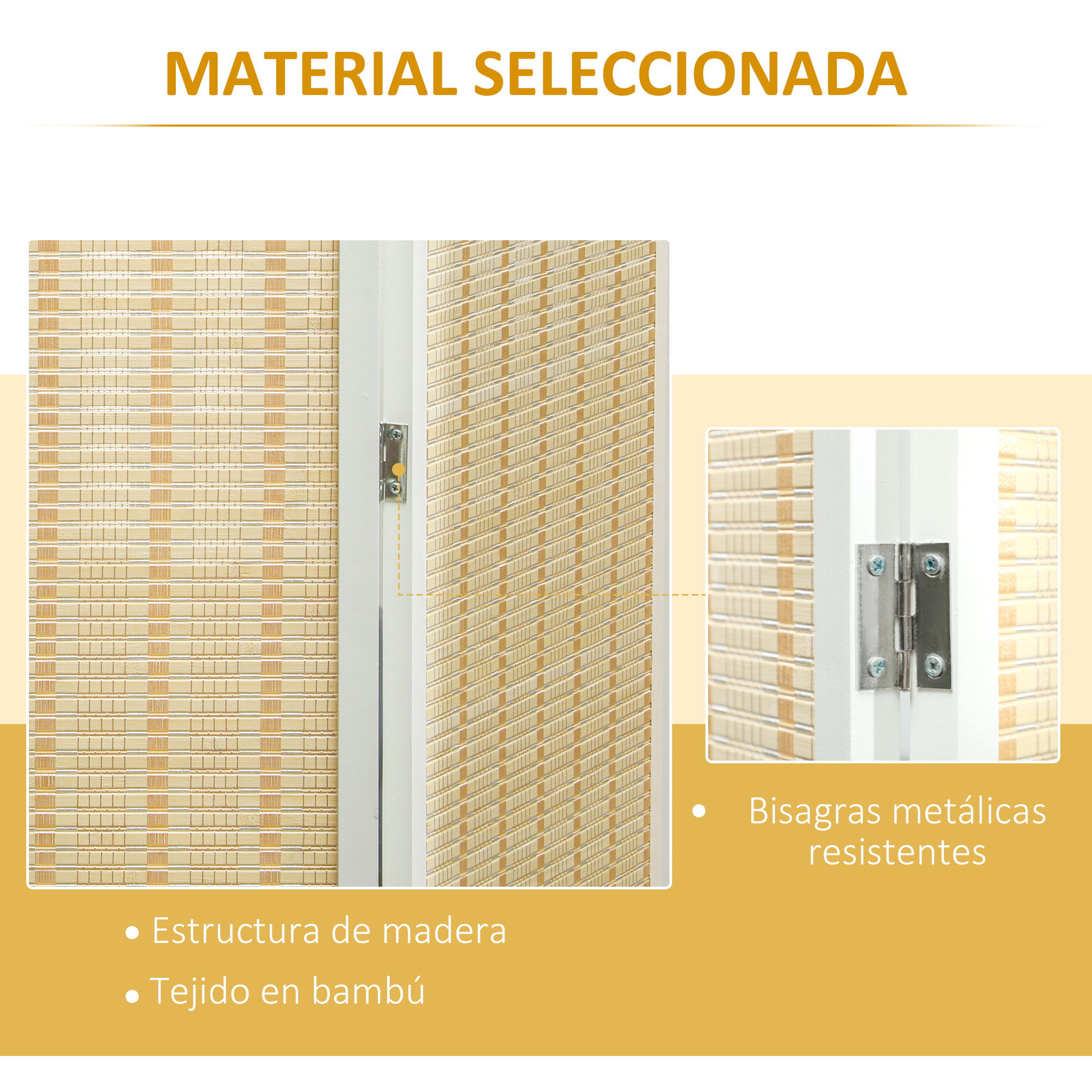 Un primer plano muestra tejido de bambú con estructura de madera y bisagras.