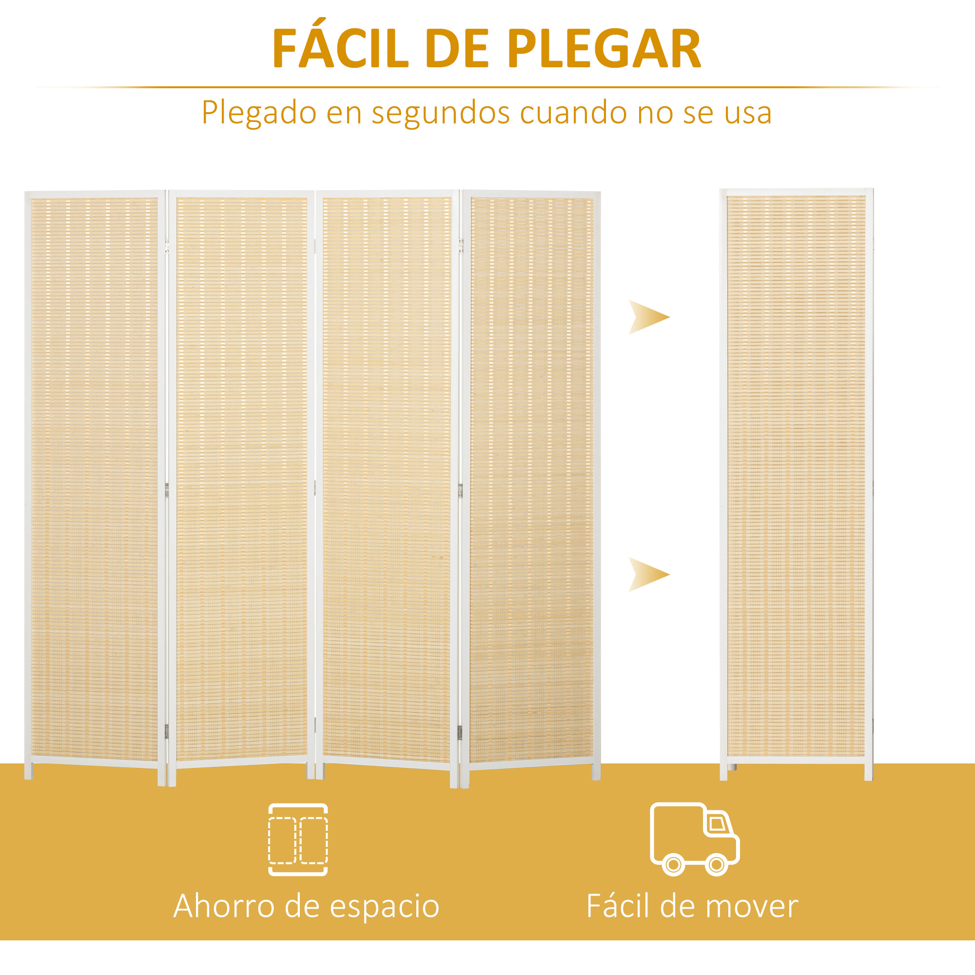Un separador plegable con tejido de madera clara y marco blanco.