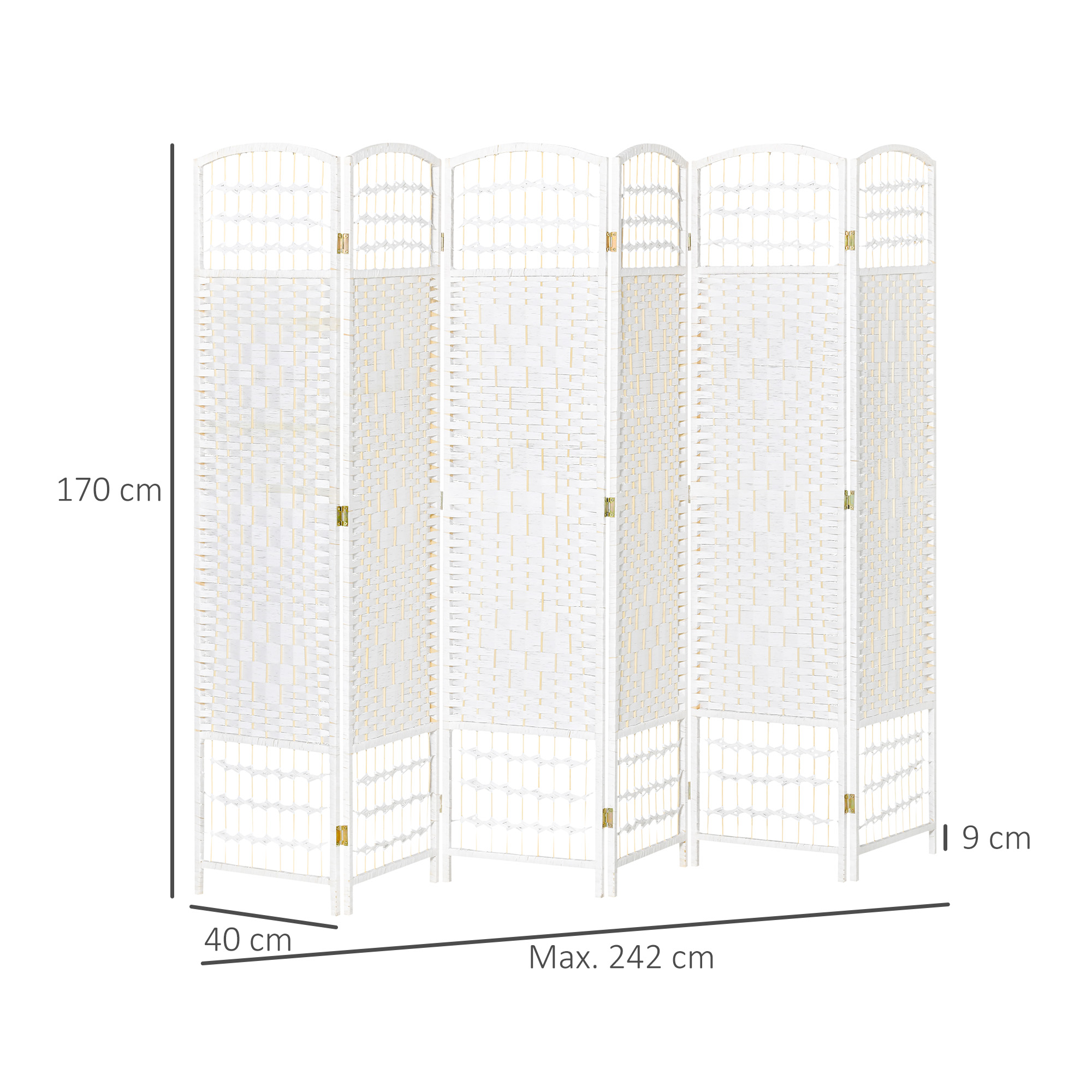 Un separador de ambientes blanco de 6 paneles, 170 cm de alto y 242 cm de ancho.
