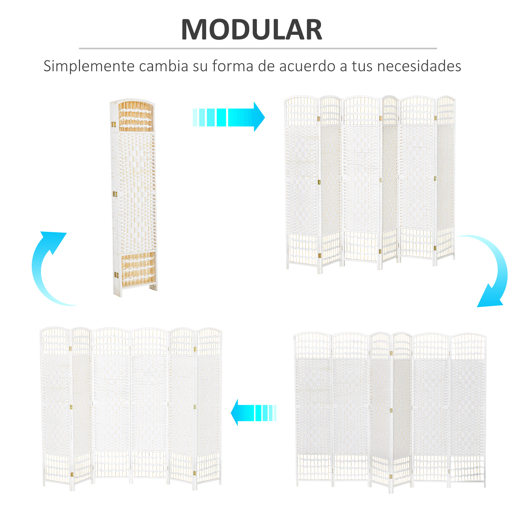 Cuatro divisores de habitación blancos con diferentes paneles que cambian de forma.
