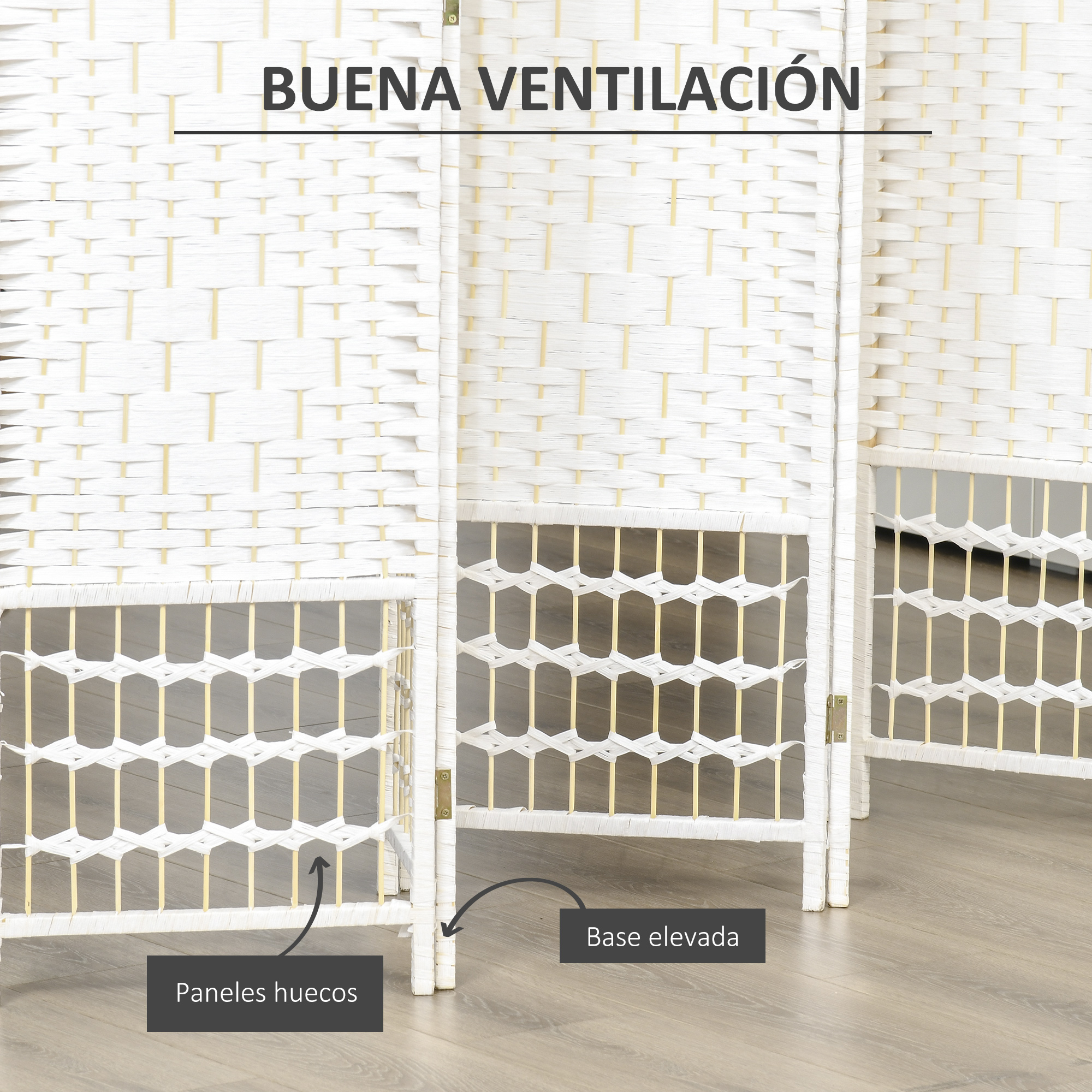 Un separador de ambientes blanco con patrón tejido y paneles huecos.