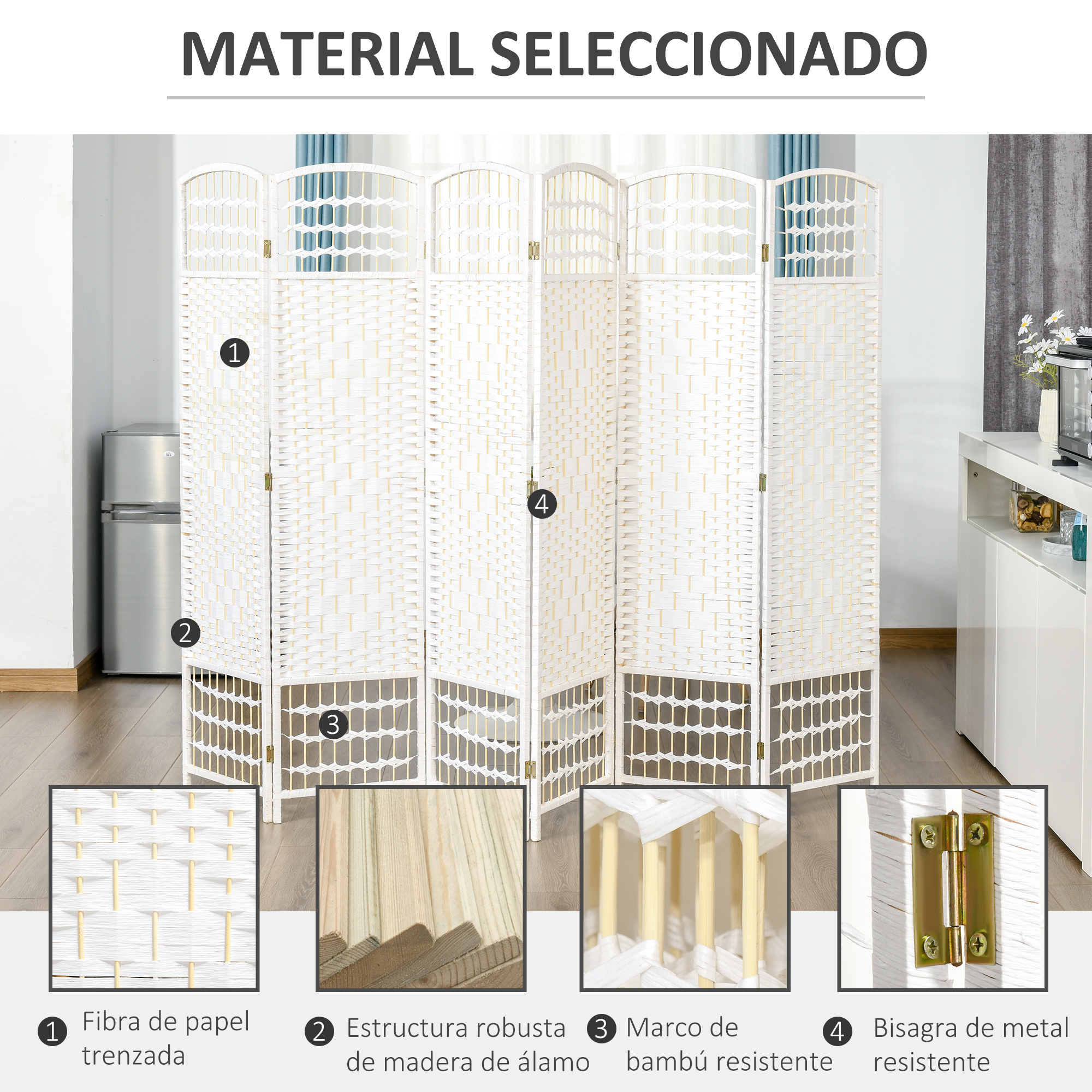 Un separador de ambientes blanco de 6 paneles, mostrando detalles.