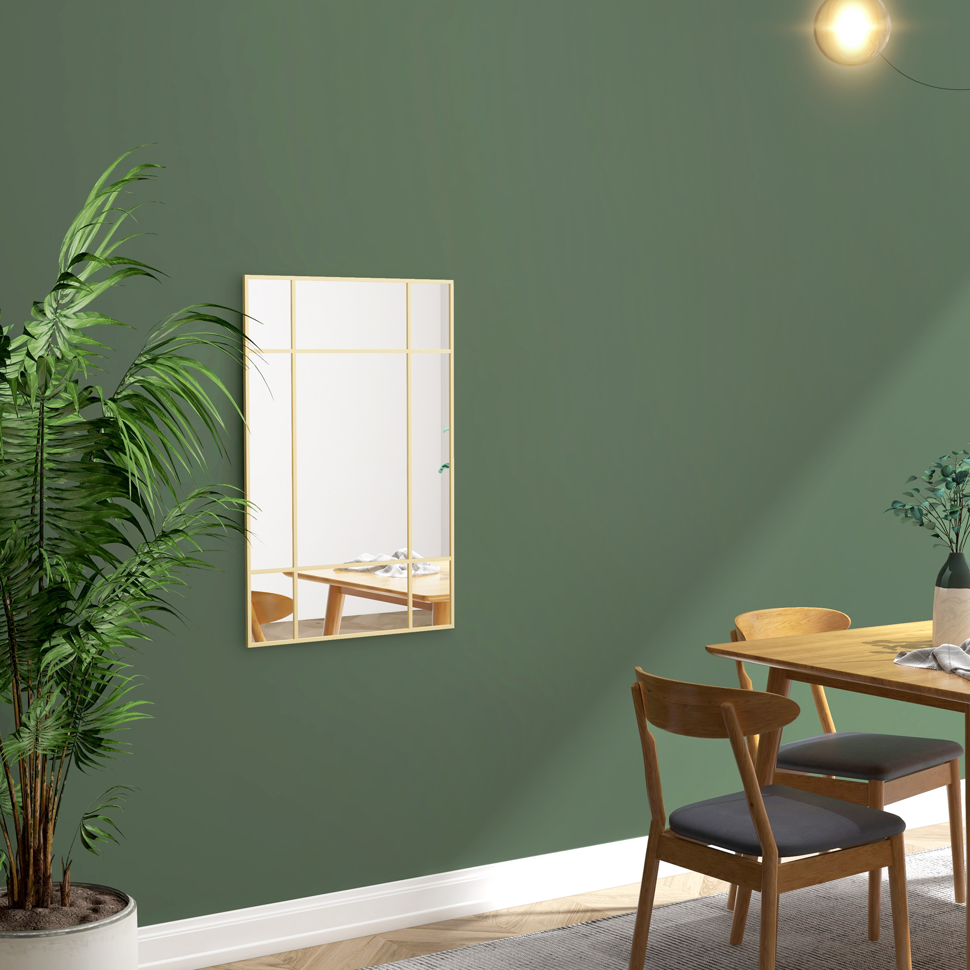 Un comedor con mesa de madera, sillas, planta y espejo en la pared.
