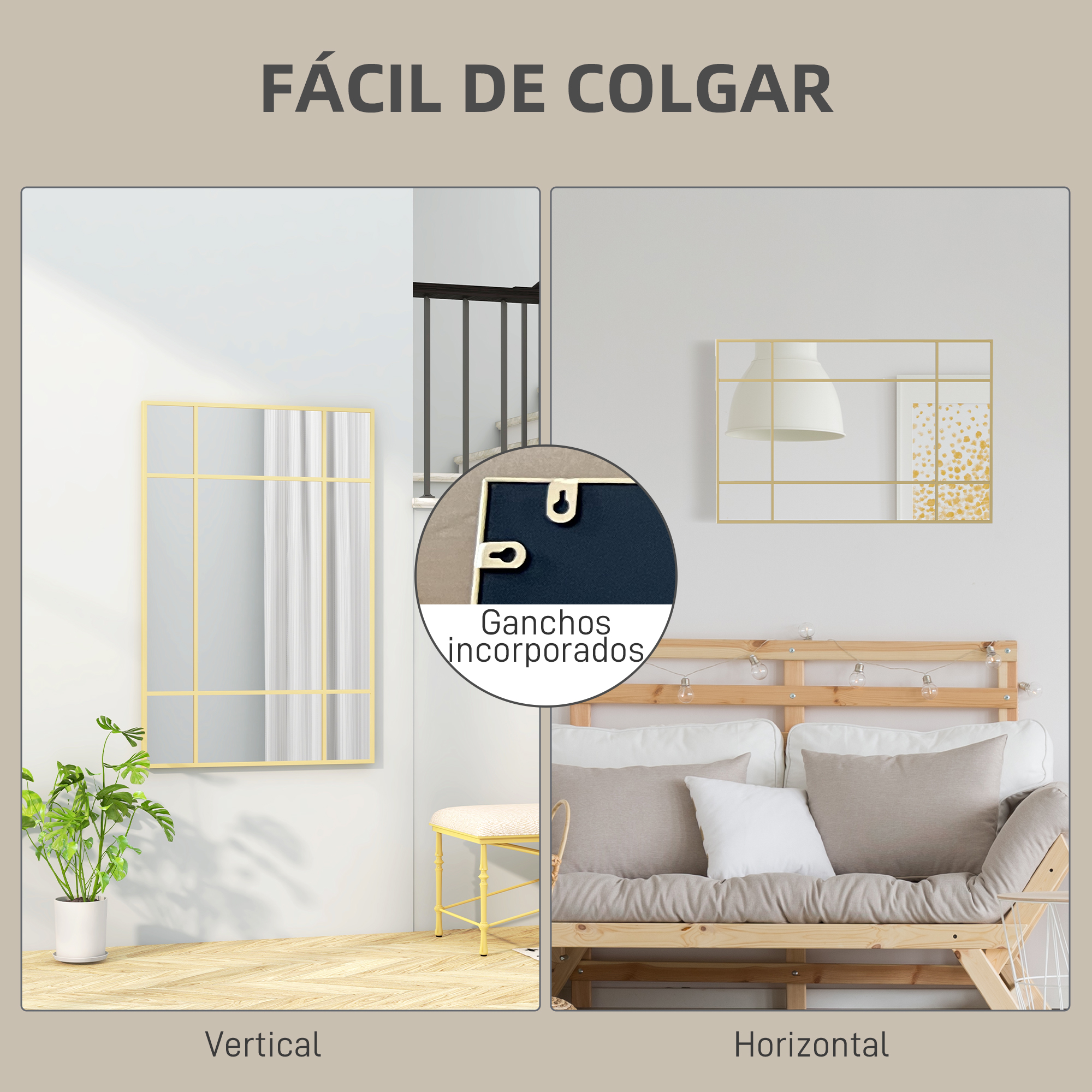 La imagen muestra un espejo de rejilla dorada colgado vertical y horizontalmente. Incluye inserto de ganchos.