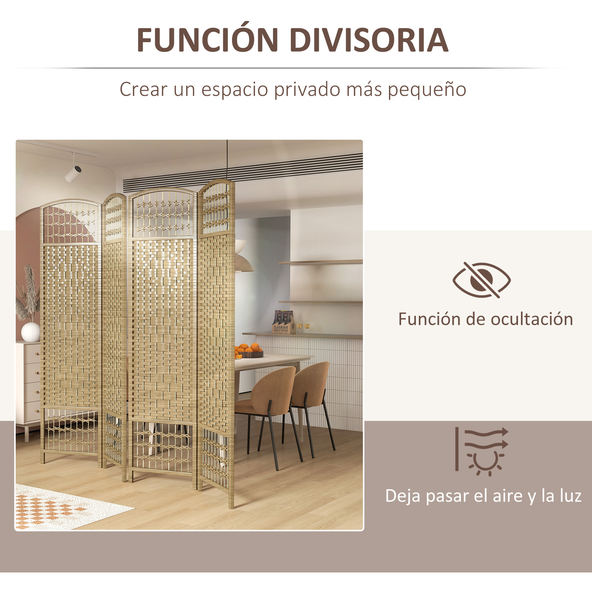 Un biombo beige tejido separa un comedor con dos sillas.