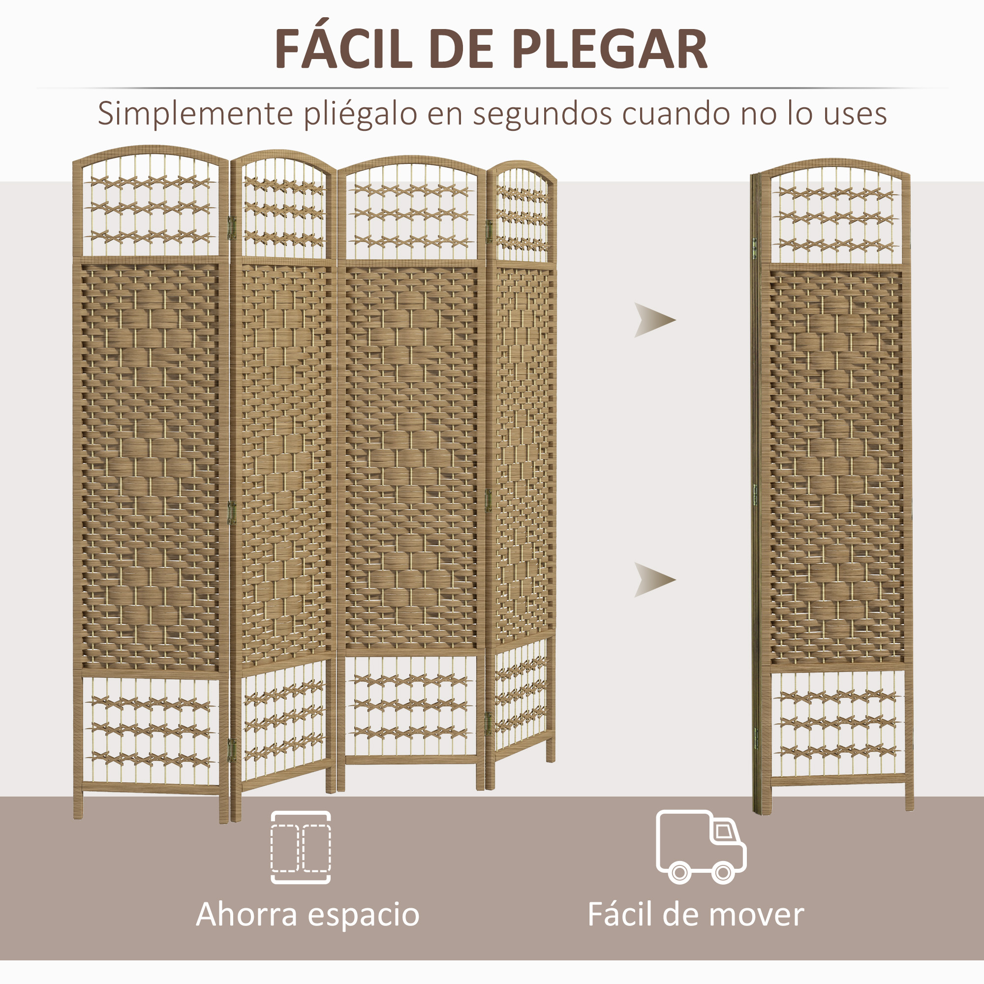 Divisor de ambiente tejido marrón, abierto y plegado. Fácil de guardar y mover.