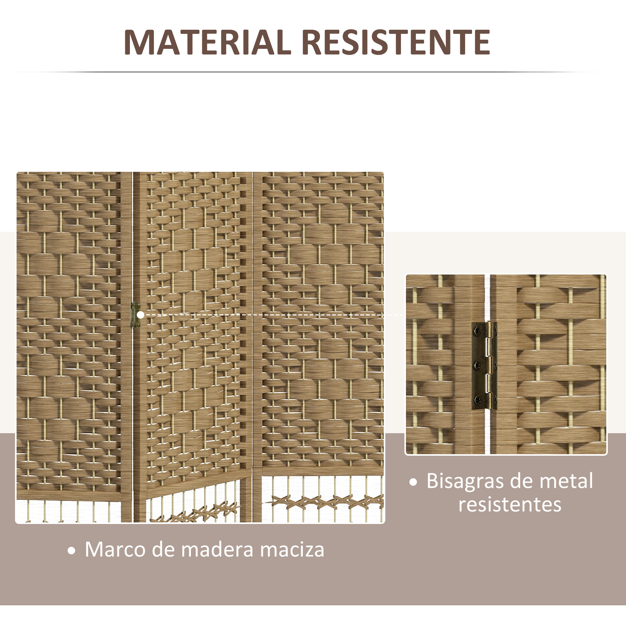 Pantalla de ratán marrón con marco de madera y bisagras metálicas.