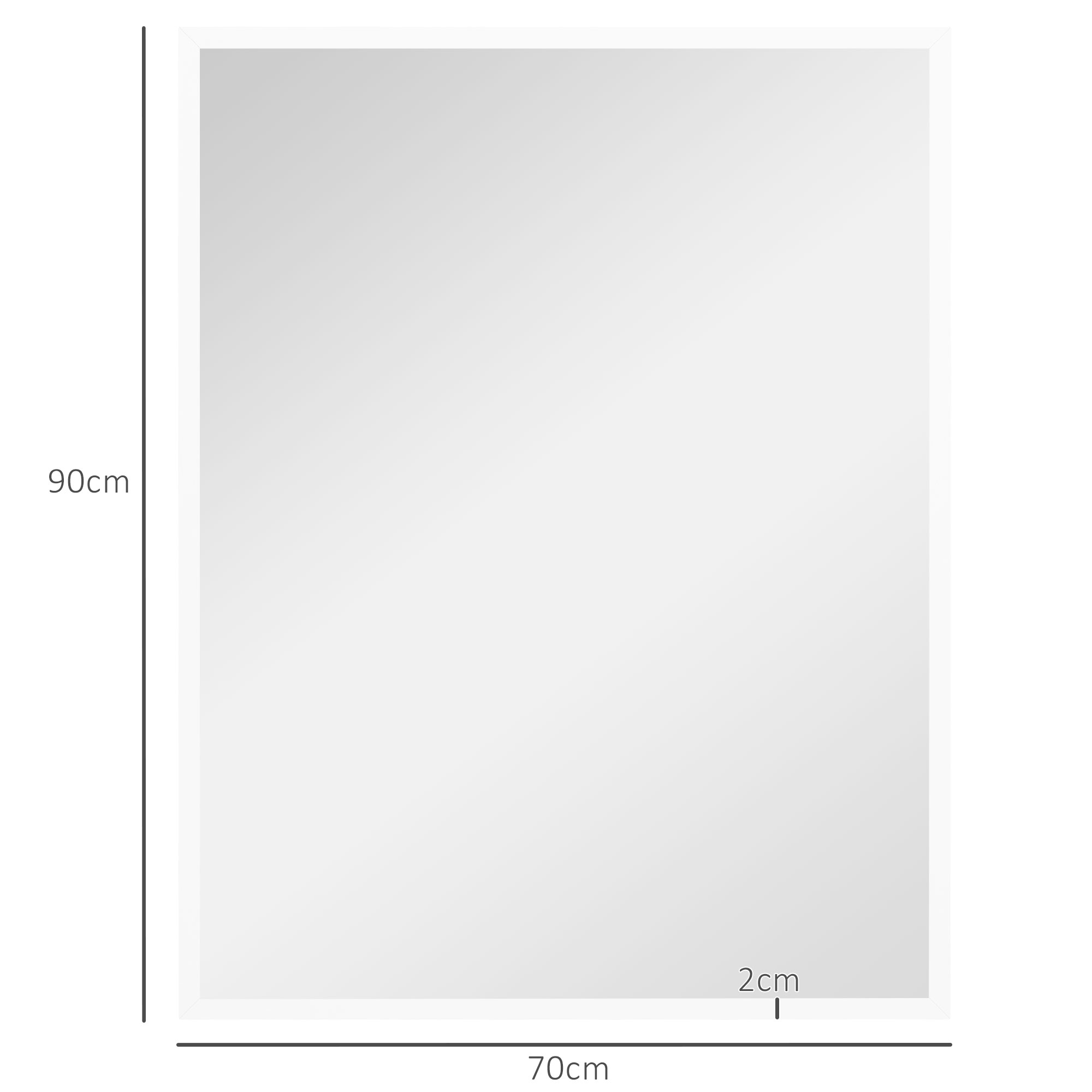Un espejo rectangular de 70cm de ancho por 90cm de alto, con 2cm de fondo.