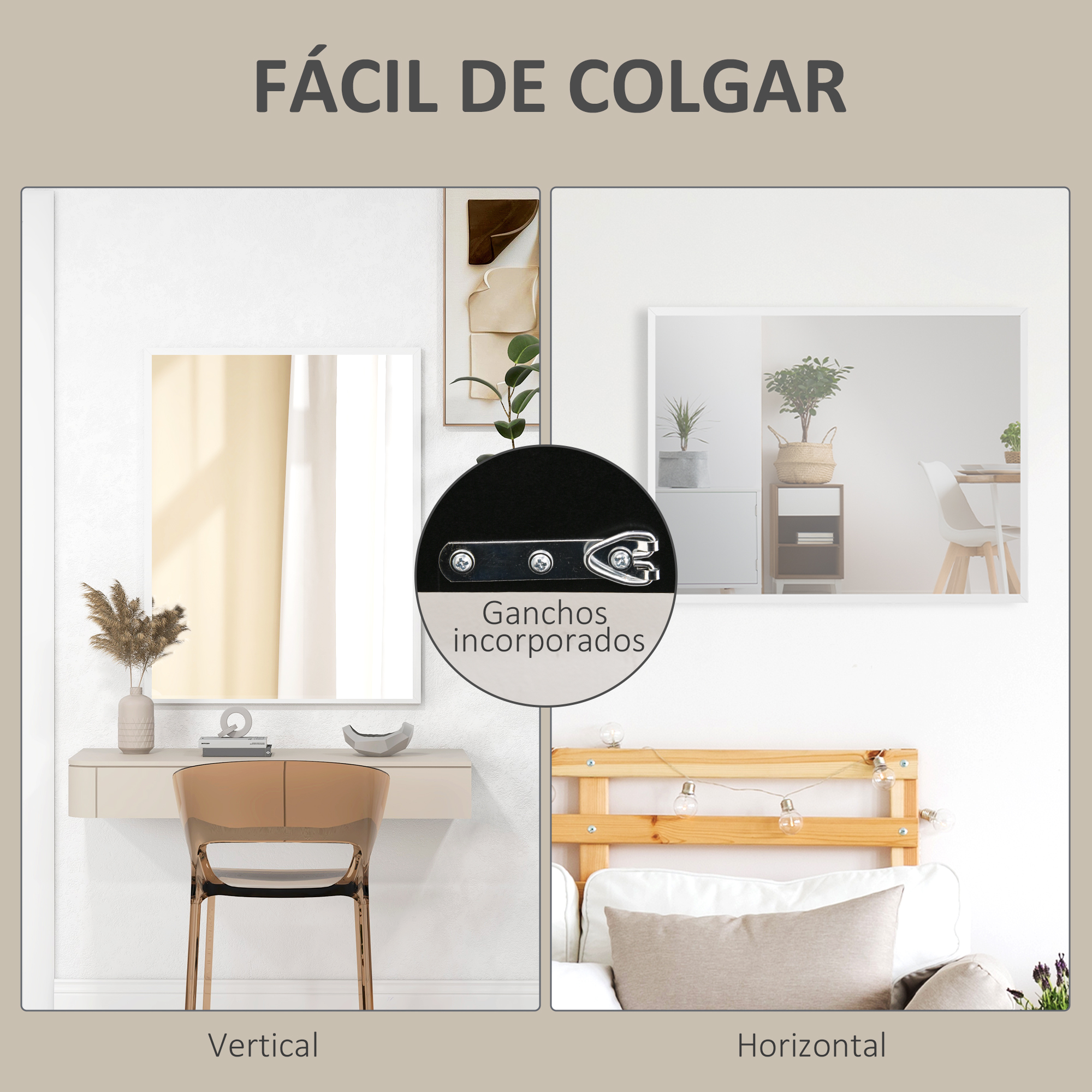 Imagen muestra colgado vertical y horizontal con ganchos y ejemplos de decoración.