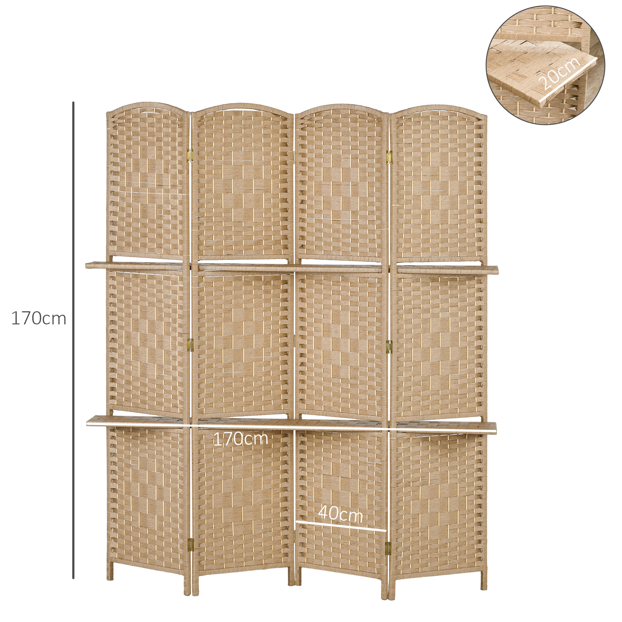 Un separador de ambientes de 4 paneles de 170 cm de altura, de tejido de madera clara.
