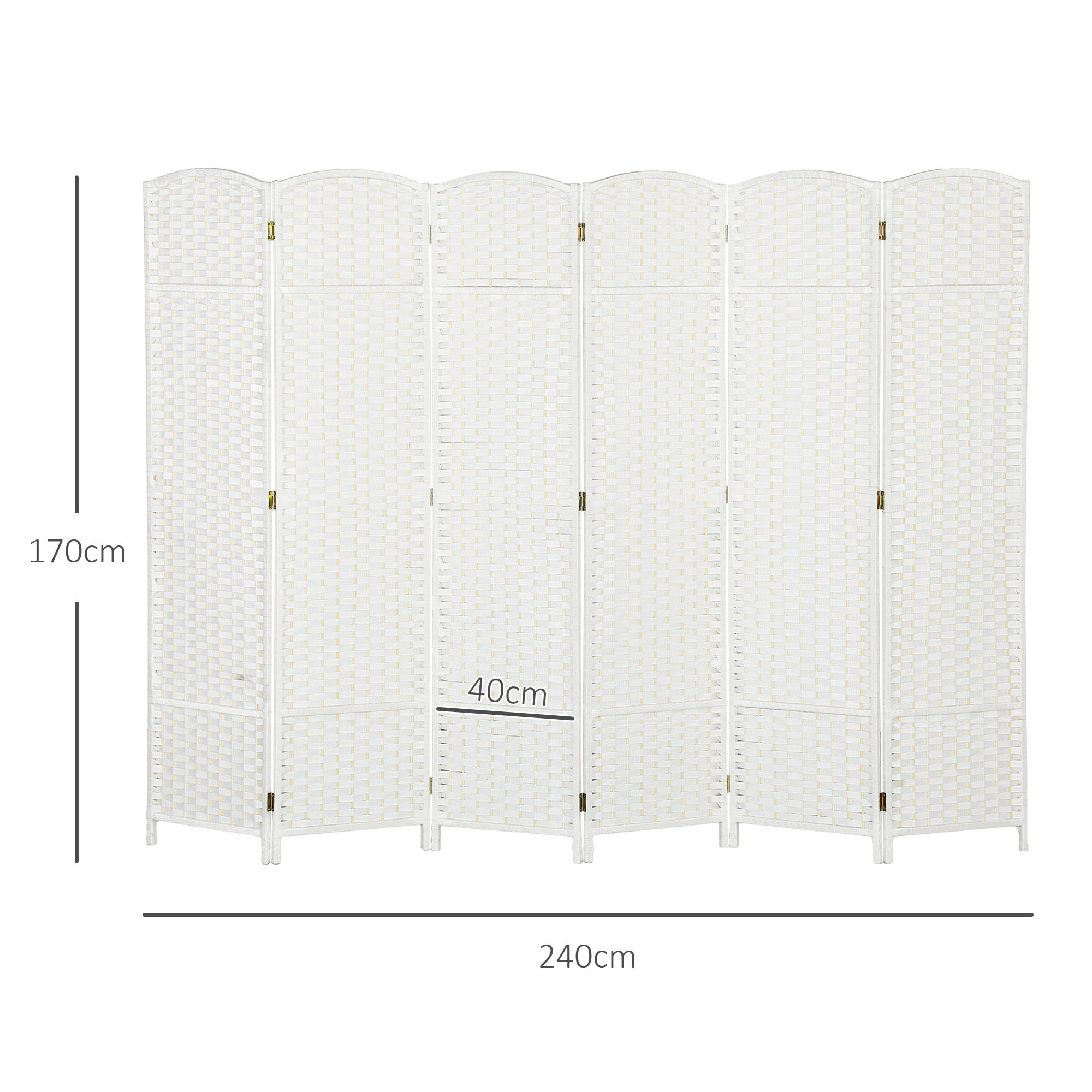 Un separador de ambientes blanco de 6 paneles, 170 cm de alto y 240 cm de ancho.