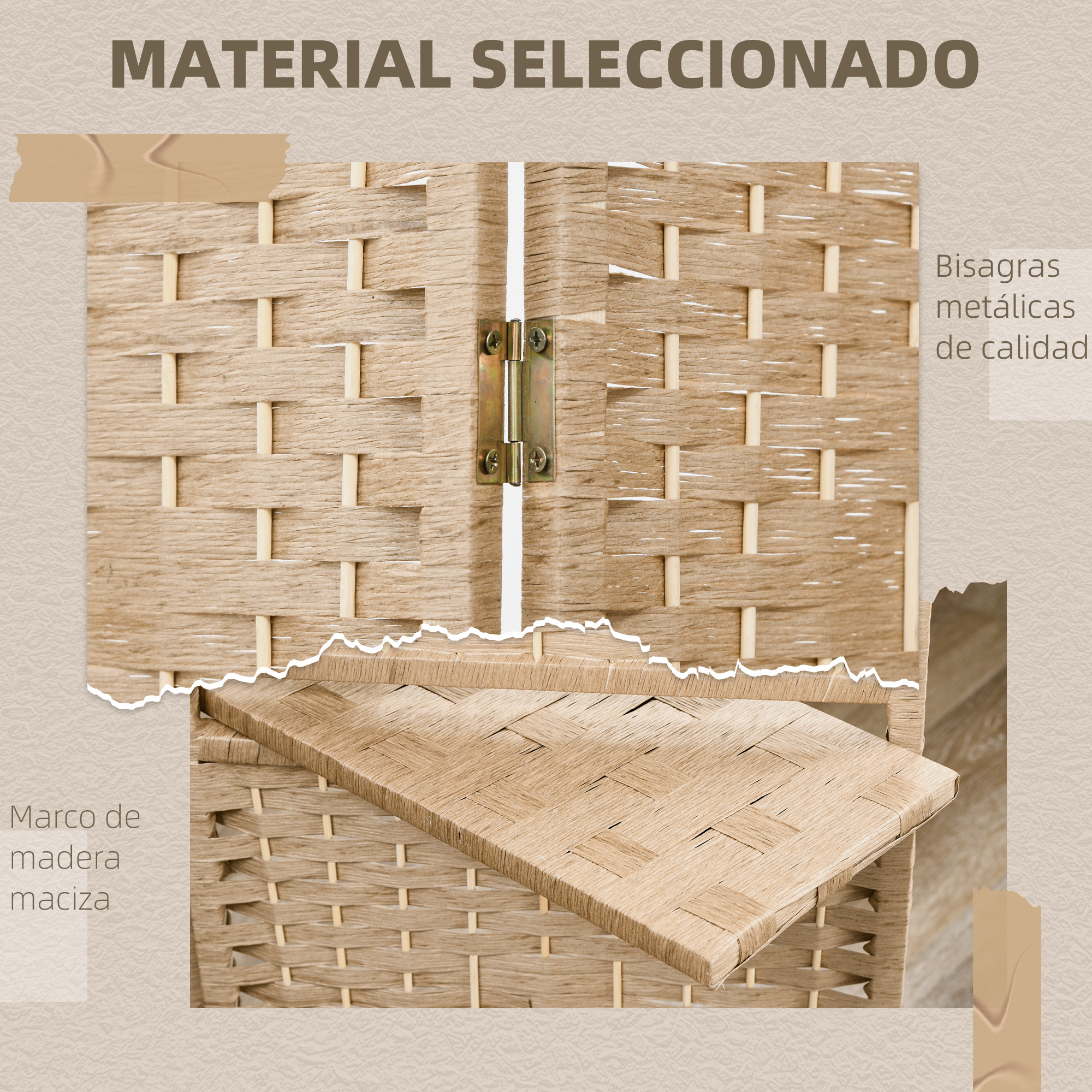 Divisor de ambientes tejido con marco de madera y bisagras metálicas.