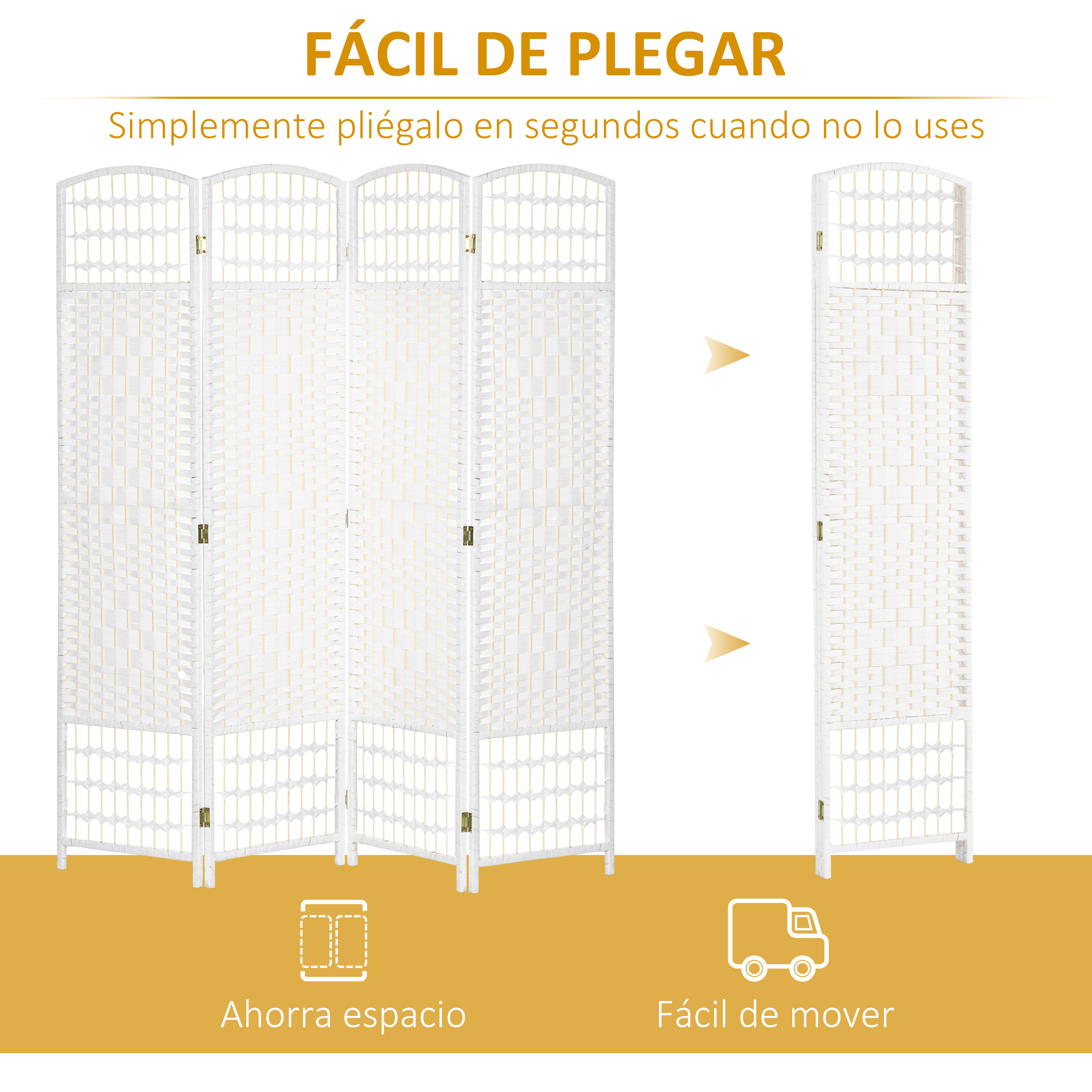 Se muestra un divisor de habitación plegable blanco, fácil de guardar y mover.