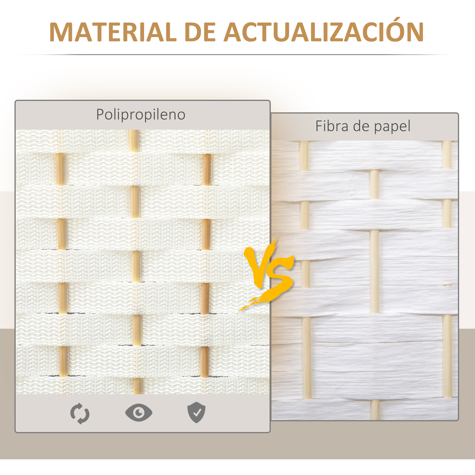 Comparación de tejido de polipropileno y fibra de papel con varillas de madera.
