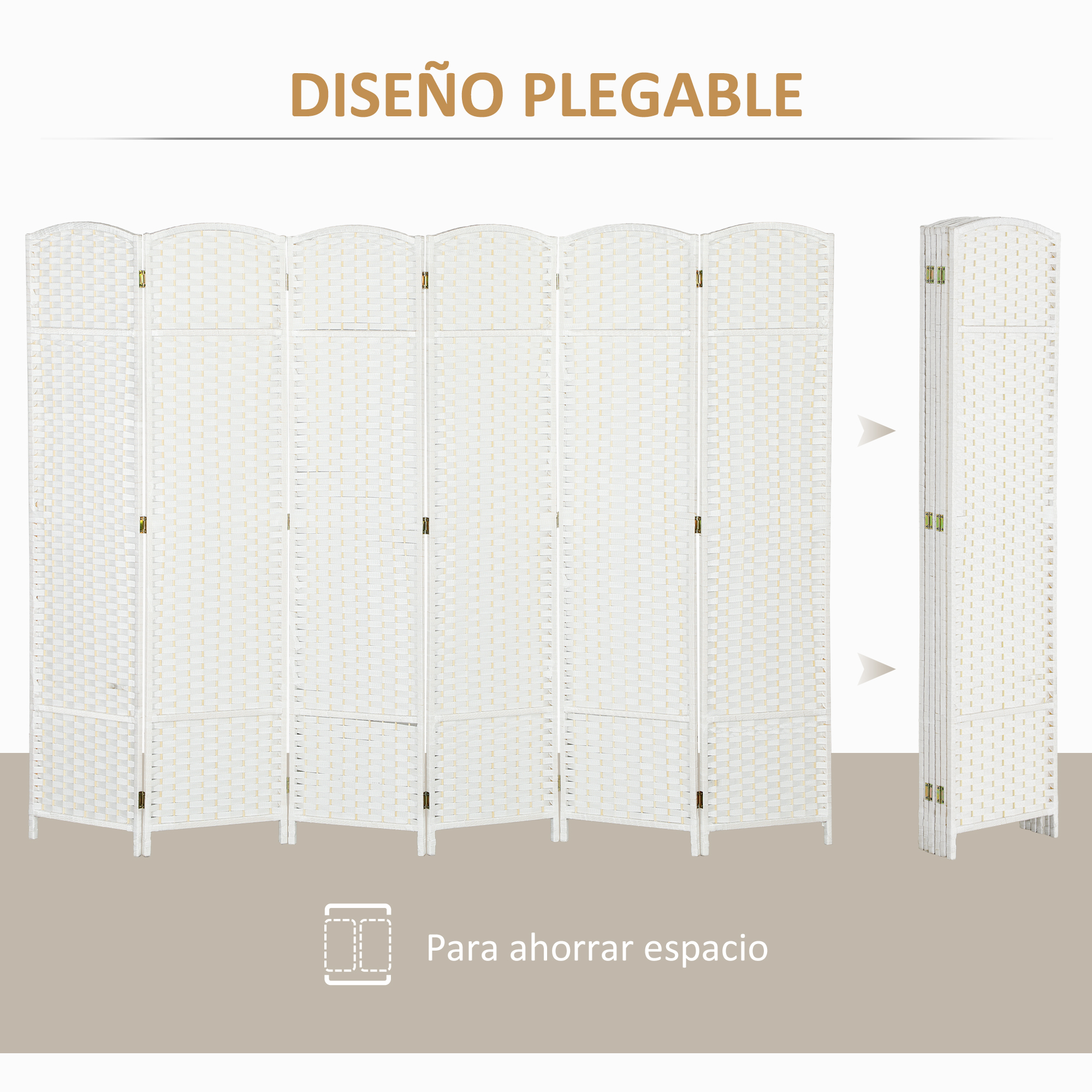 Un separador de ambientes blanco de seis paneles, mostrado extendido y plegado.