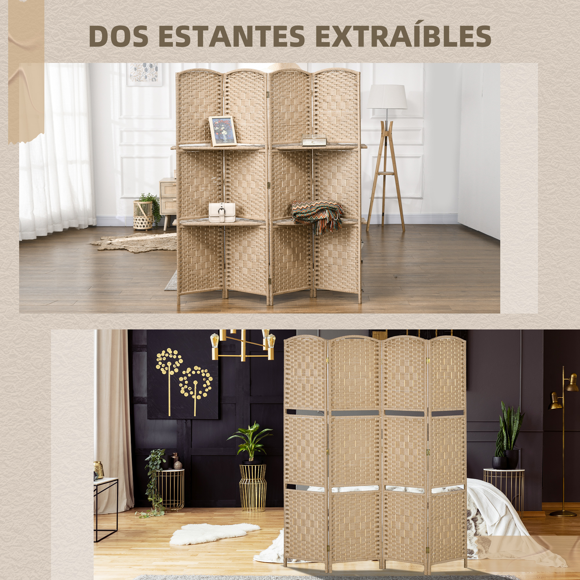 Biombo de mimbre marrón con estantes, expuesto en dos salas elegantes.