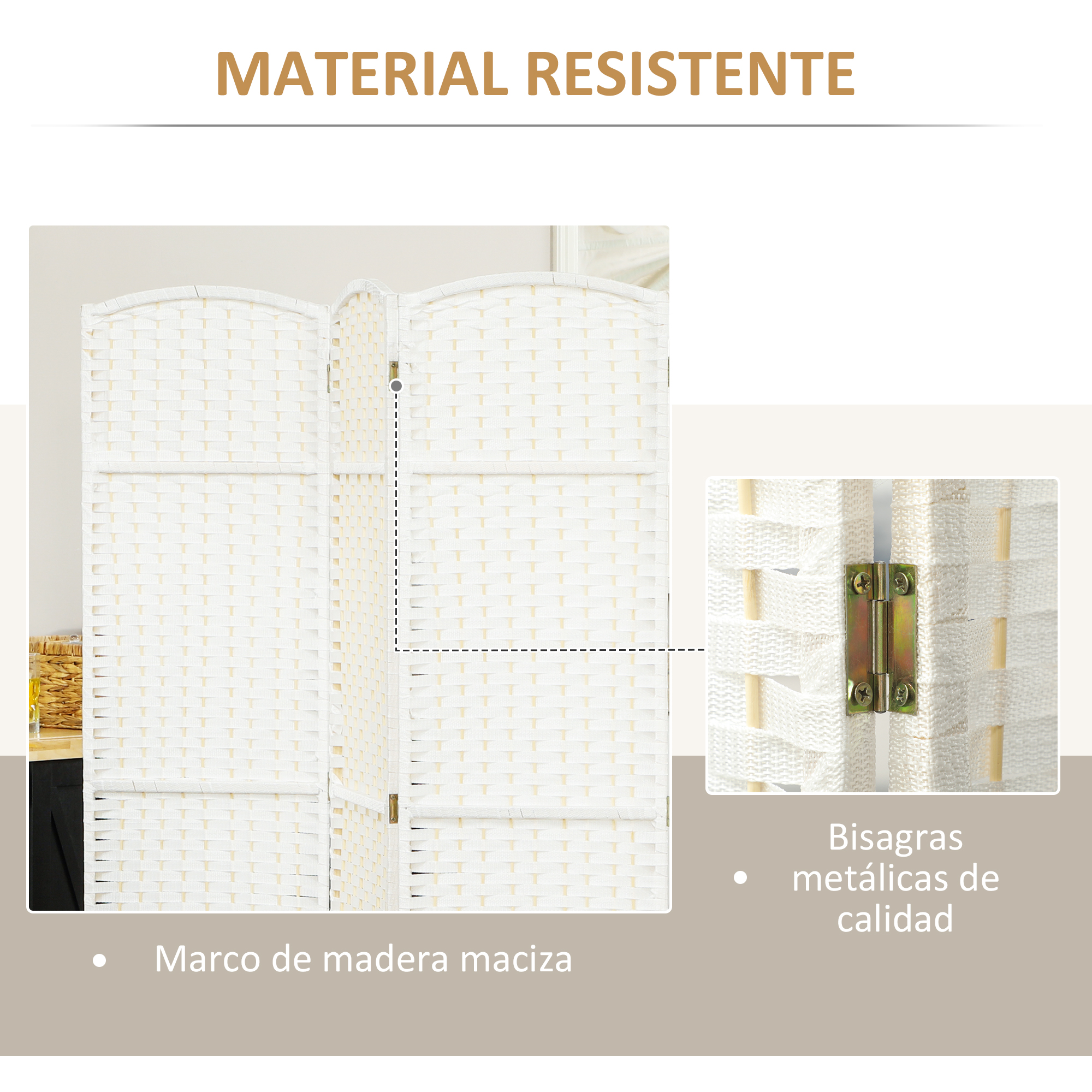 Un separador de ambientes blanco tejido con ribetes de madera y bisagras.